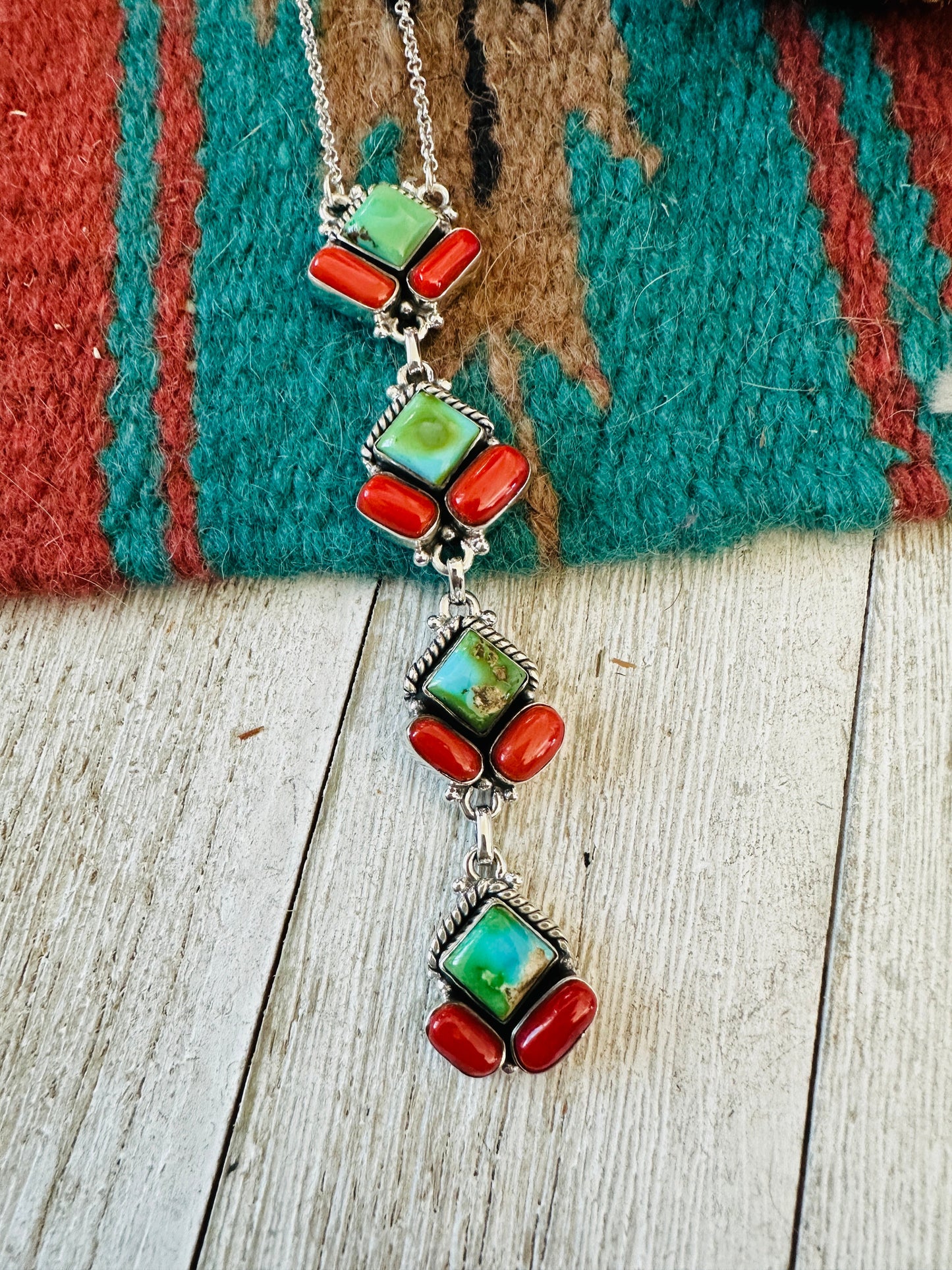 ** Christmas Collection ** Handmade Sterling Silver, Turquoise & Coral Necklace Signed Nizhoni