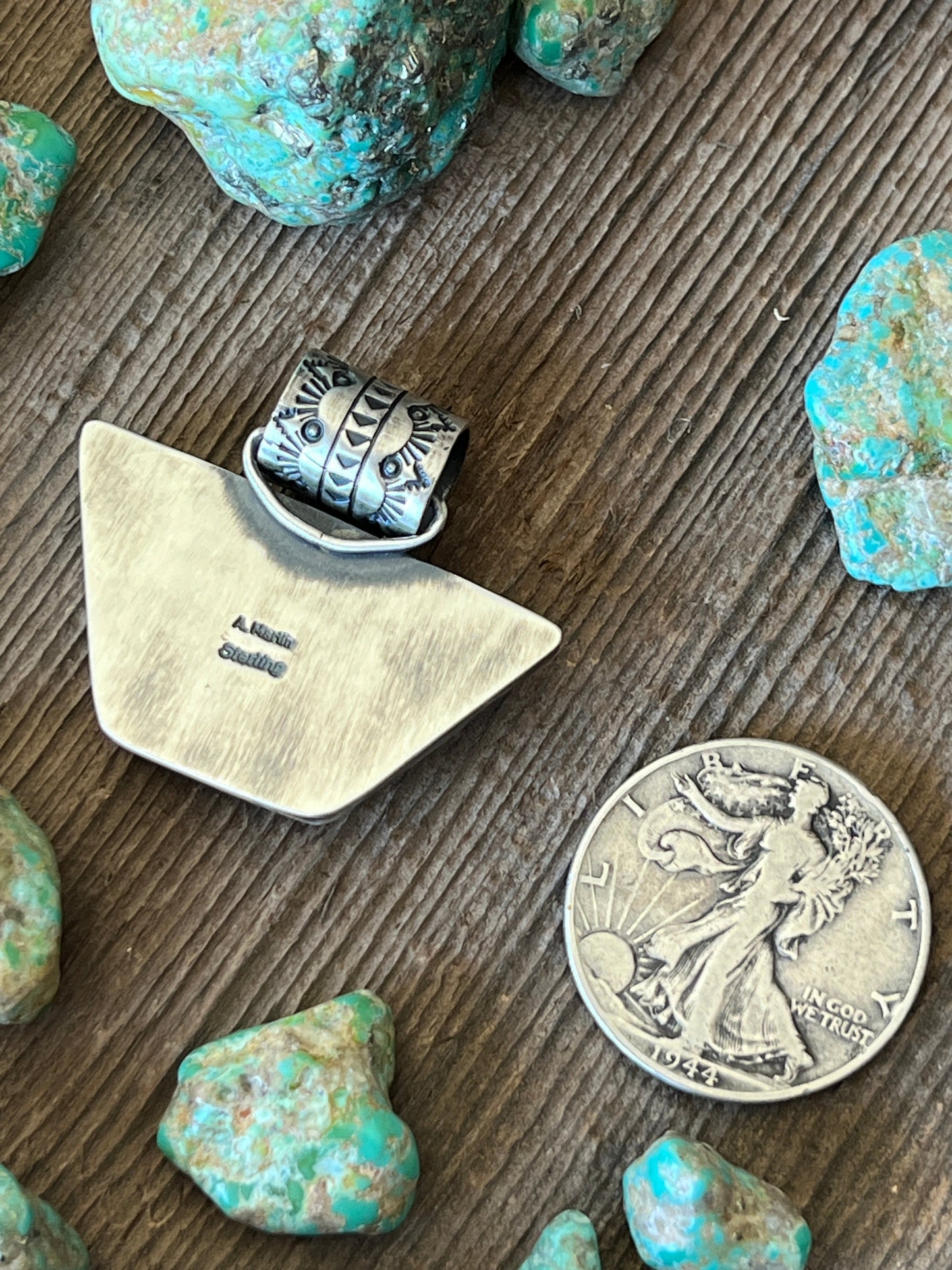 Navajo Sterling Silver and Royston Turquoise Solo Pendant by Angela Martin