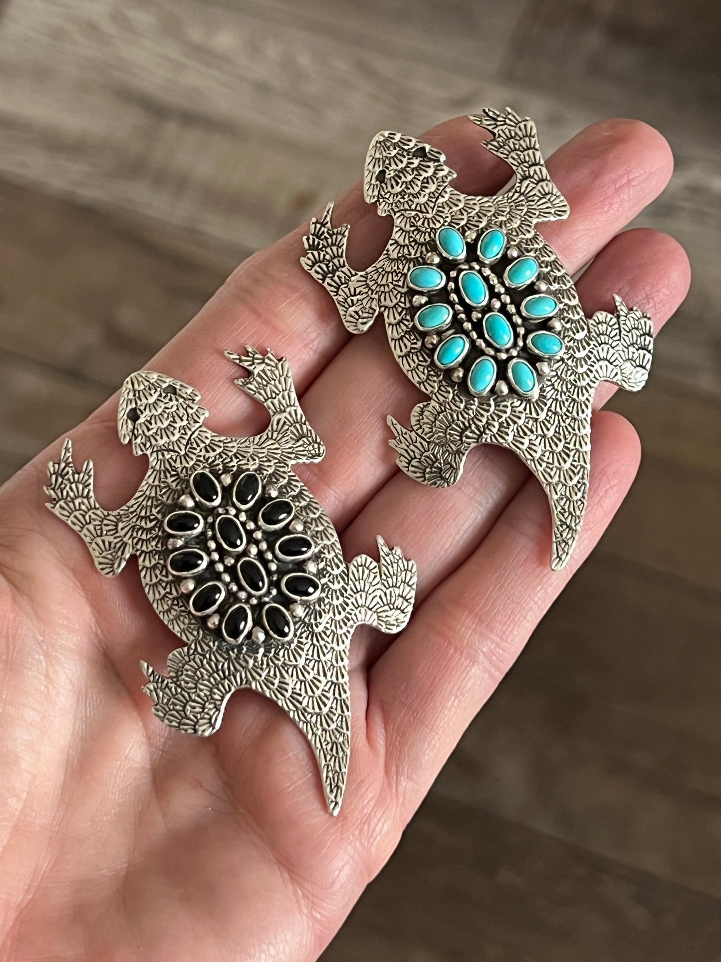 Navajo Sterling Silver and Stone Horned Toad Pin and Pendant by Lee Charley, Turquoise or Onyx