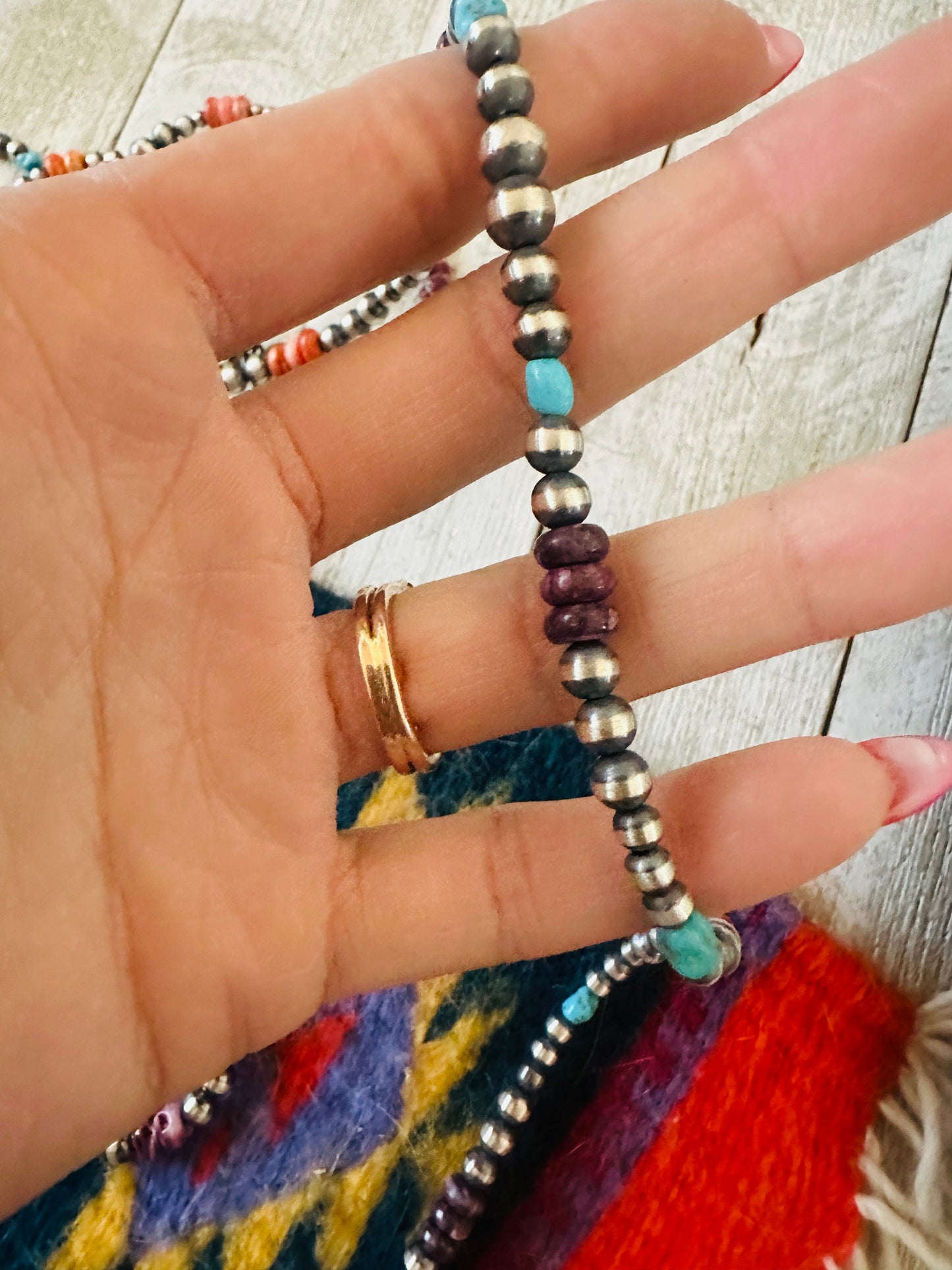 Navajo Sterling Silver, Spiny Oyster & Turquoise Beaded Necklace