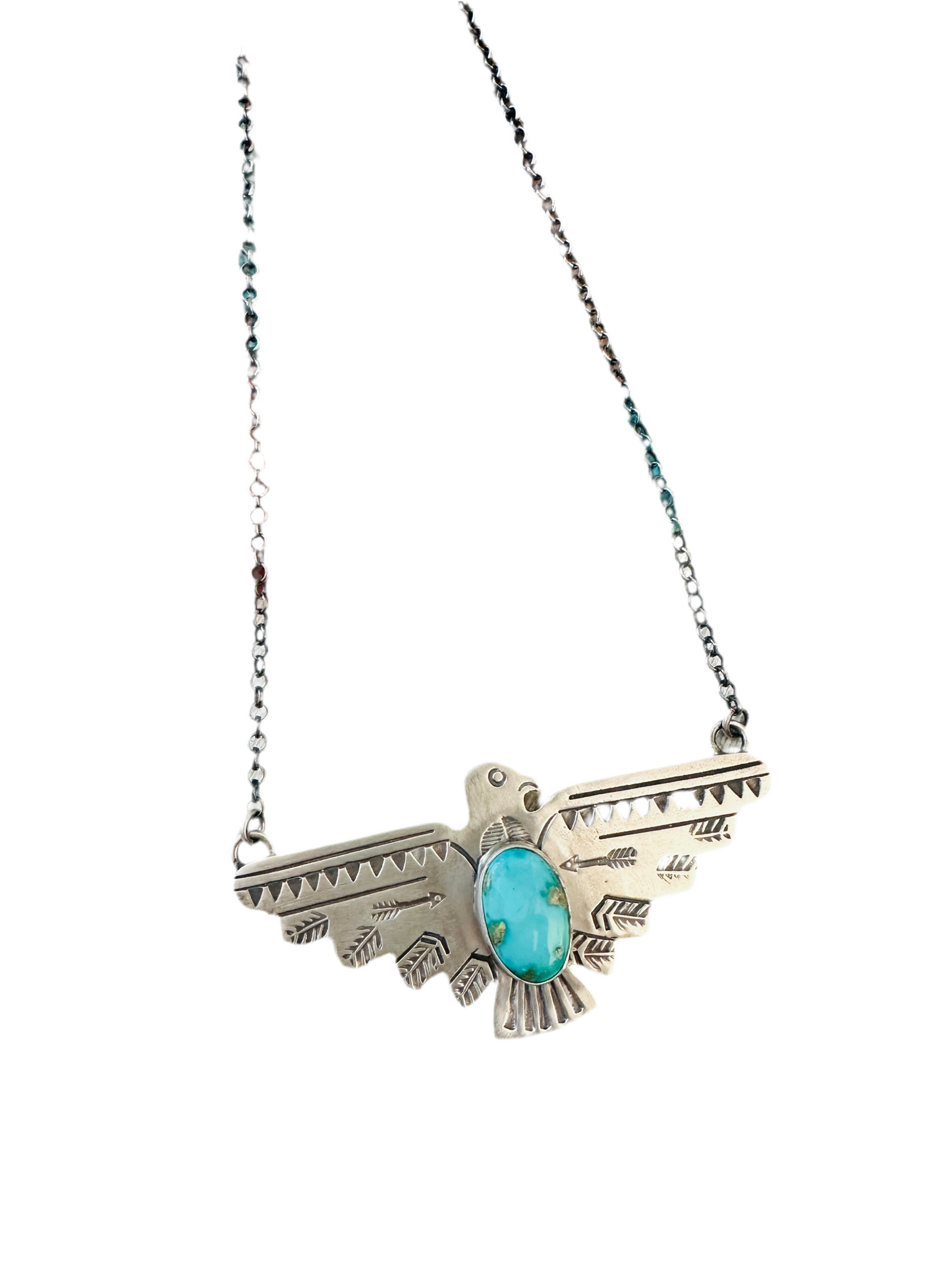 Navajo Turquoise & Sterling Silver Thunderbird Necklace by Russell Sam