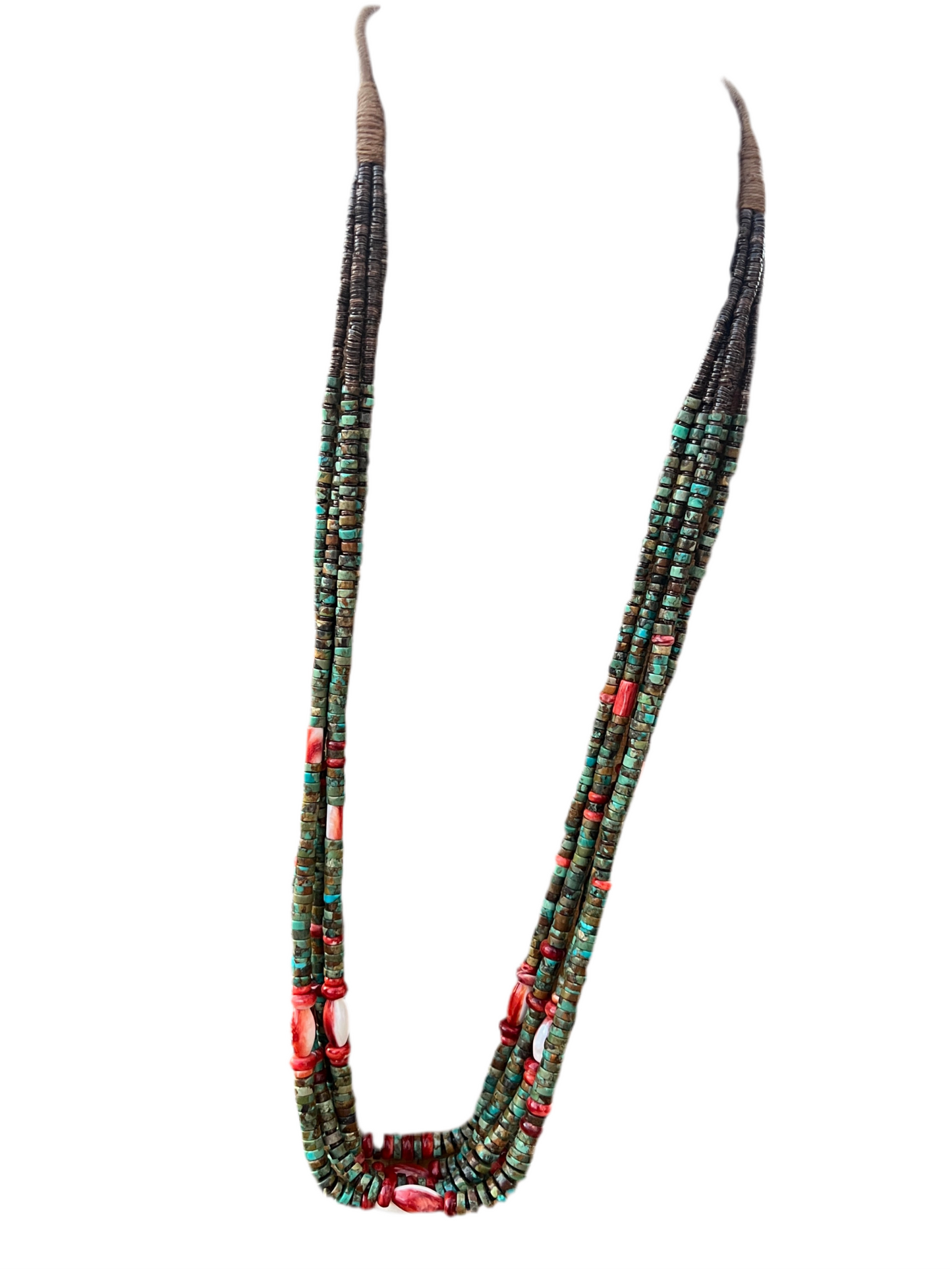 Stunning Navajo Made Five Strand Hubei Turquoise and Spiny Oyster Shell Beaded Necklace with Squaw Wrap