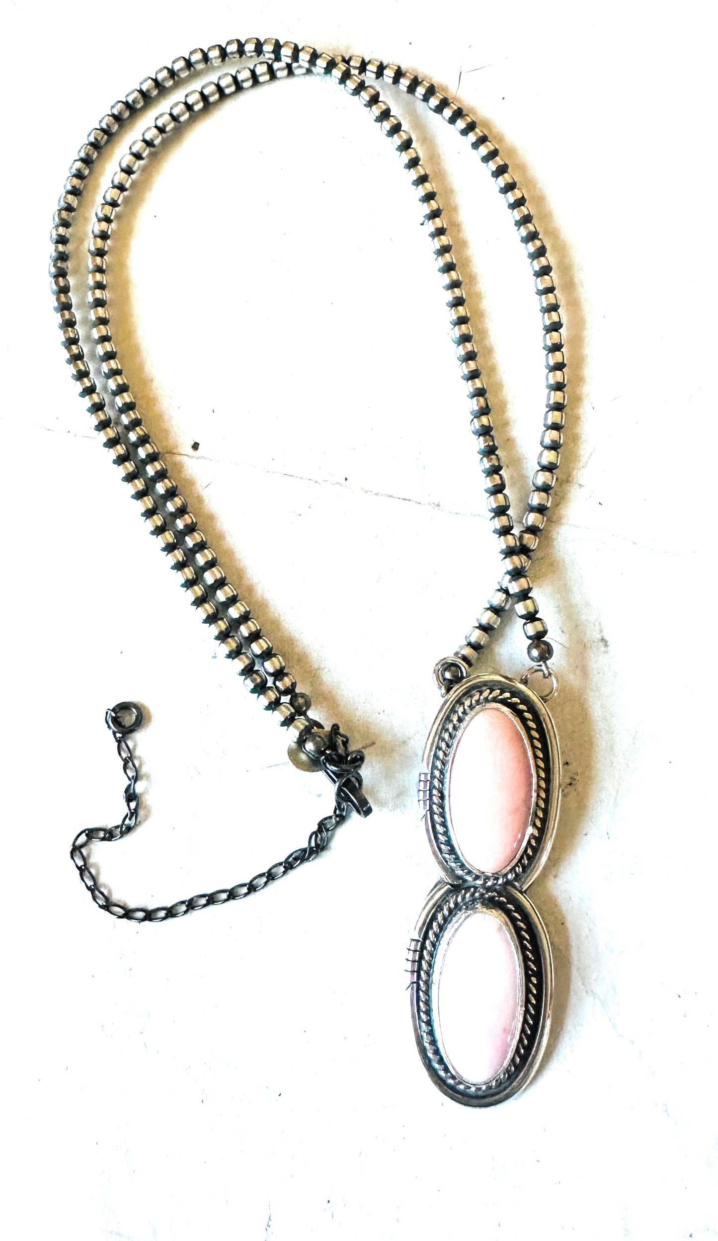 Navajo 2 Stone Queen Pink Conch & Sterling Silver Pearl Beaded Necklace