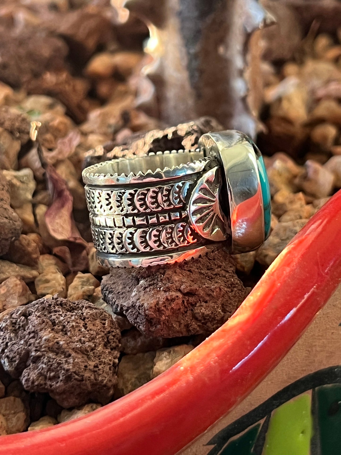 Native Made Sterling Silver Wide Shank Ring with Egyptian Turquoise by Shaun Rogers, Size 8.25