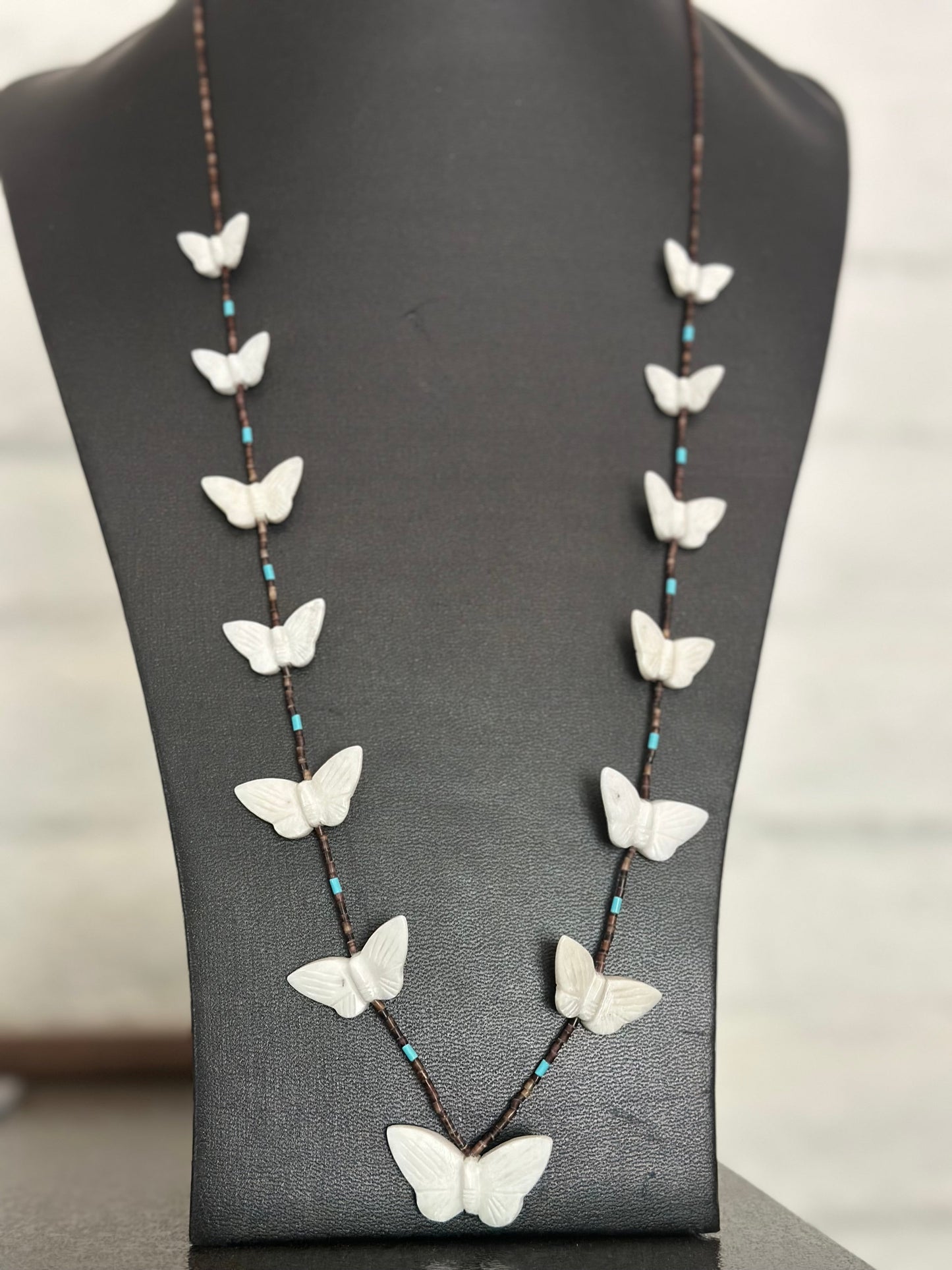 Zuni Multi Stone & Heishi Beaded Butterfly Fetish Necklace