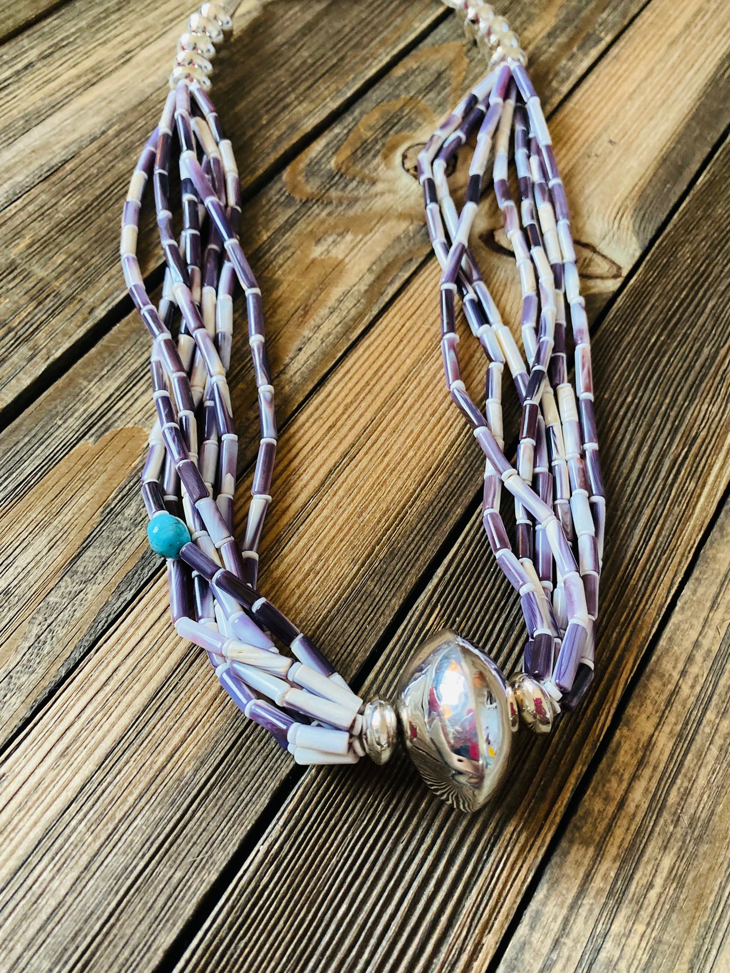 Navajo Sterling Silver, Wampum (Quahog Shell) & Turquoise Beaded Necklace