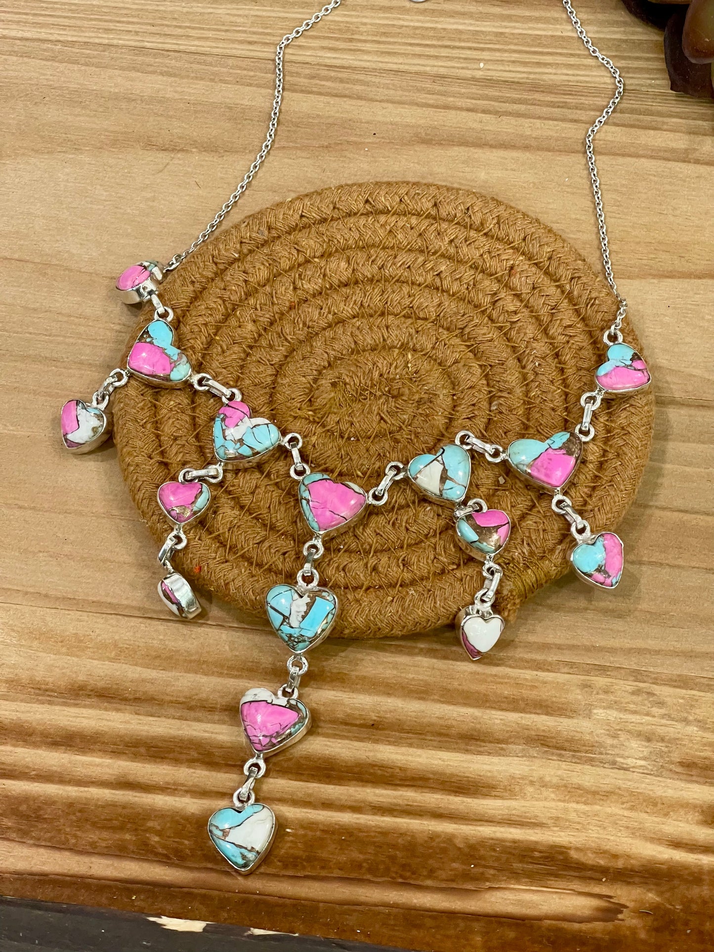 Handmade Sterling Silver Cotton Candy Turquoise Heart Drop Necklace with Signed Nizhoni