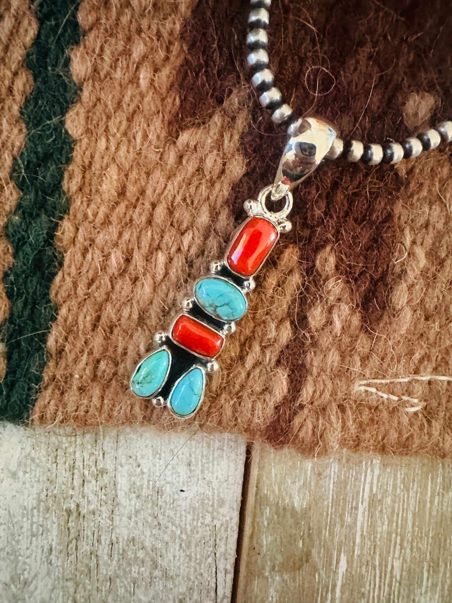 ** Christmas Collection ** Handmade Sterling Silver, Coral & Turquoise Pendant Signed Nizhoni