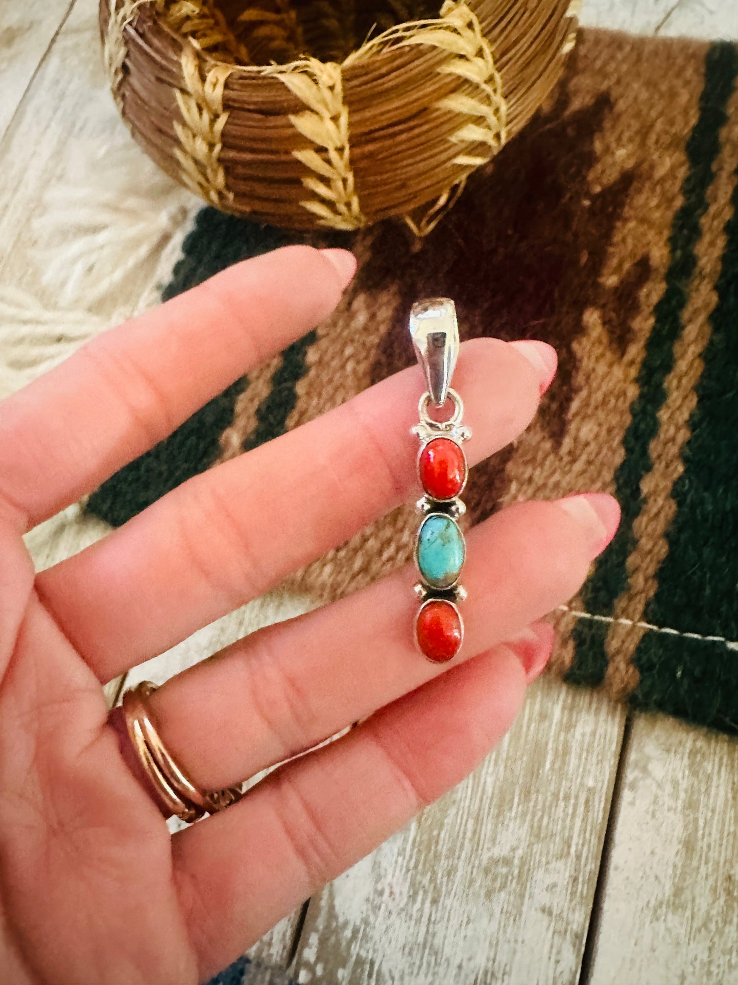 ** Christmas Collection ** Handmade Sterling Silver, Coral & Turquoise Pendant Signed Nizhoni