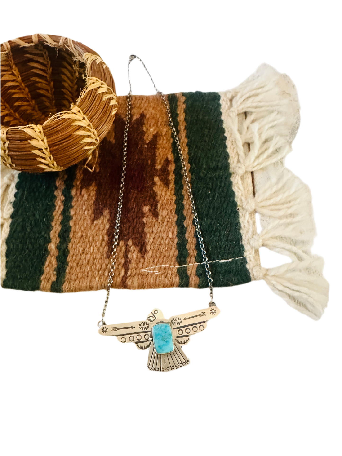 Navajo Turquoise & Sterling Silver Thunderbird Necklace by Russell Sam