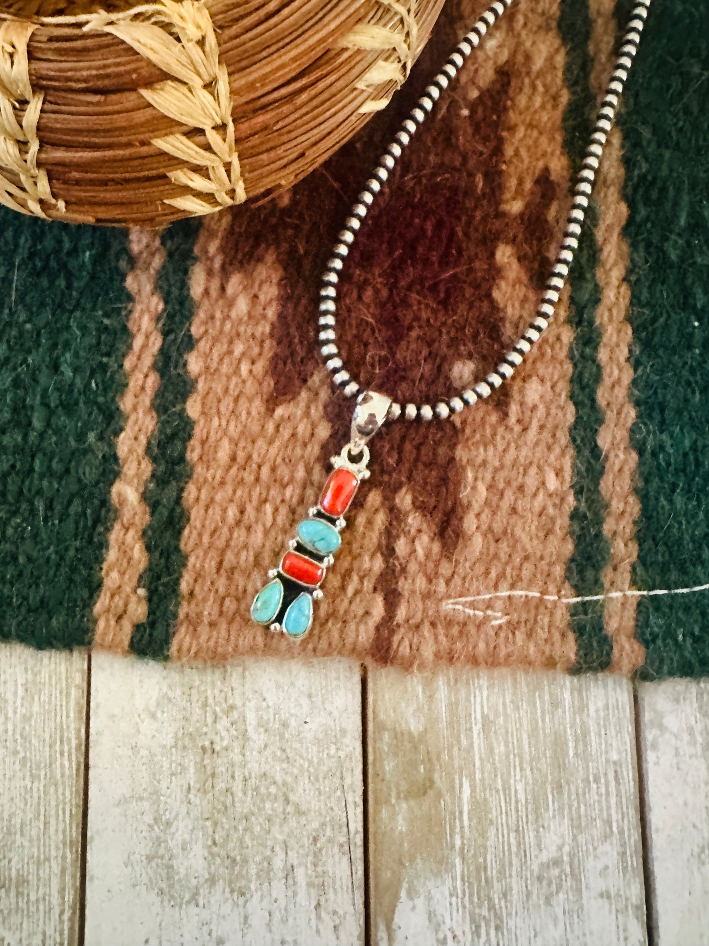 ** Christmas Collection ** Handmade Sterling Silver, Coral & Turquoise Pendant Signed Nizhoni