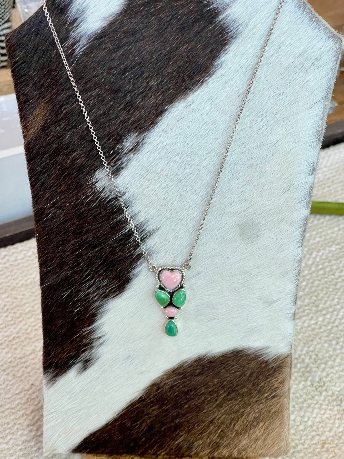 Handmade Pink Opal, Palomino Turquoise& Sterling Silver Necklace