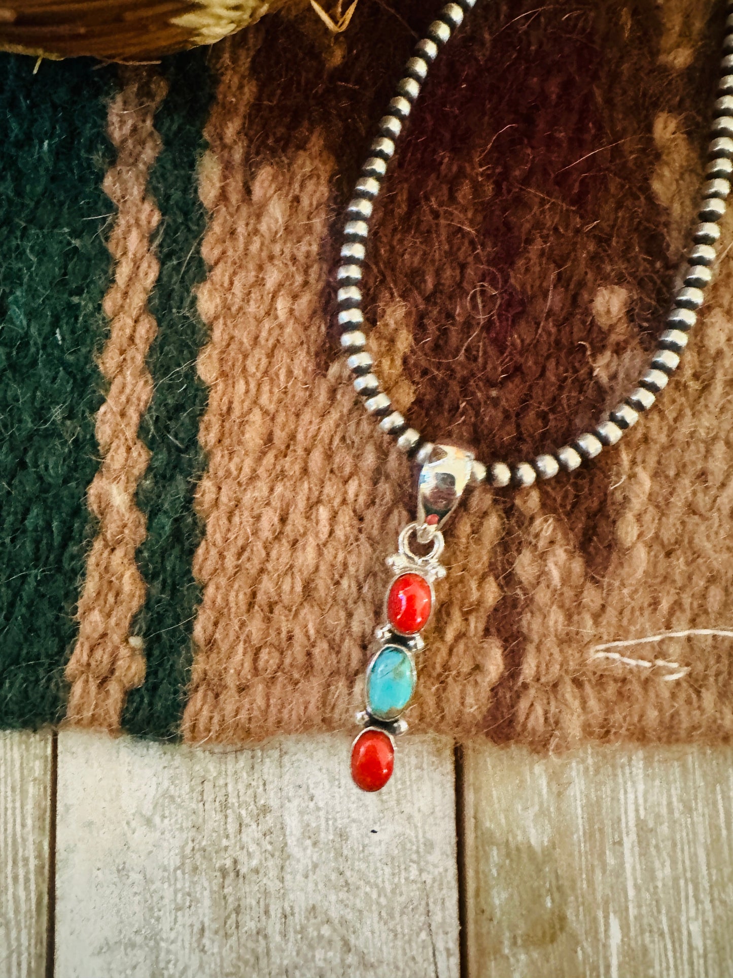 ** Christmas Collection ** Handmade Sterling Silver, Coral & Turquoise Pendant Signed Nizhoni