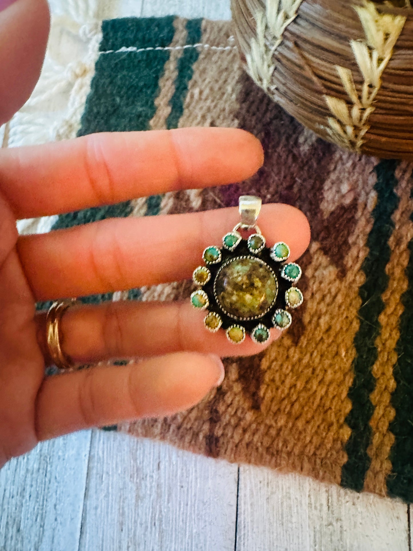 Navajo Turquoise & Sterling Silver Cluster Flower Pendant