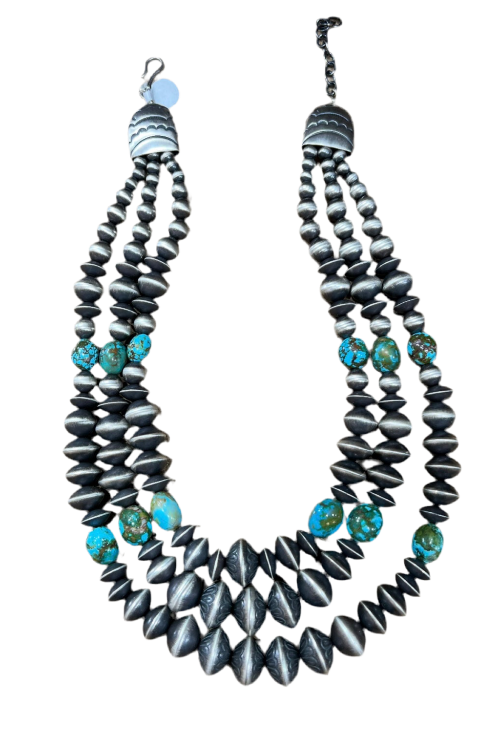 Rose Martin Sterling Silver & Kingman Turquoise Three Strand Navajo Necklace