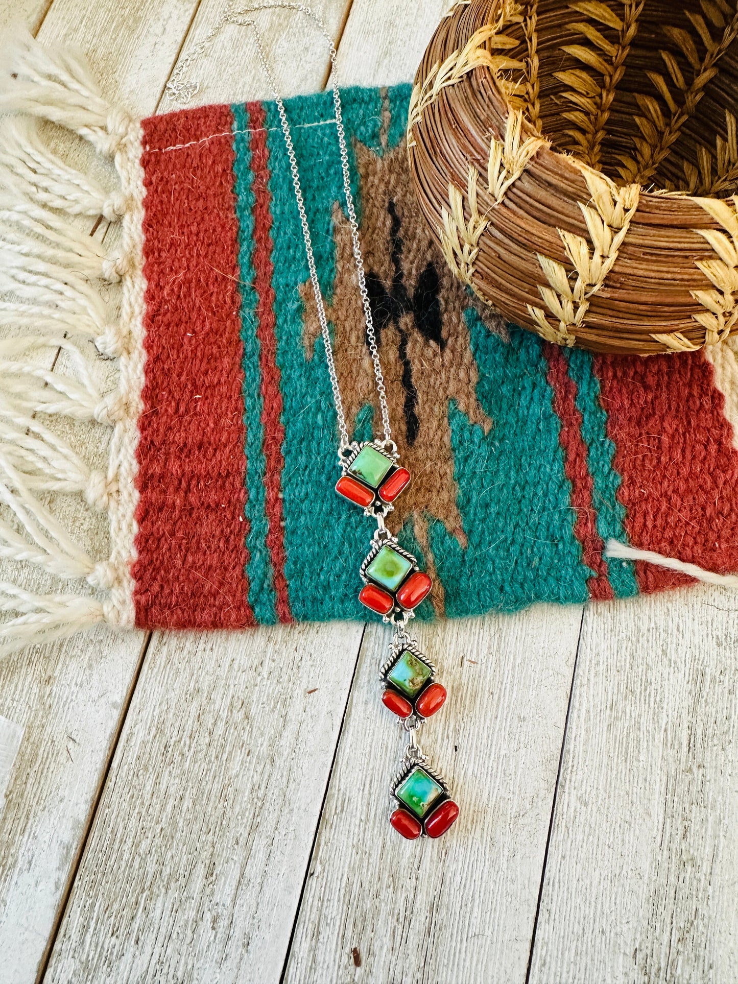 ** Christmas Collection ** Handmade Sterling Silver, Turquoise & Coral Necklace Signed Nizhoni