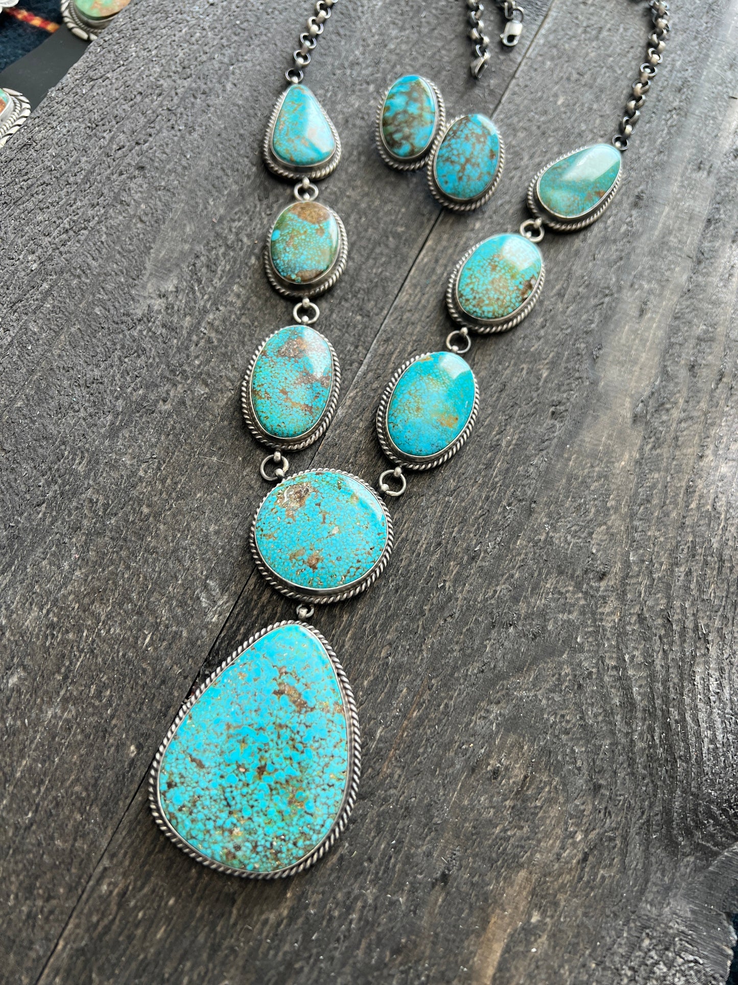 Navajo Sterling Silver and Birdseye Kingman Turquoise Y-Style Lariat Necklace and Earrings Set by Peggy Skeets