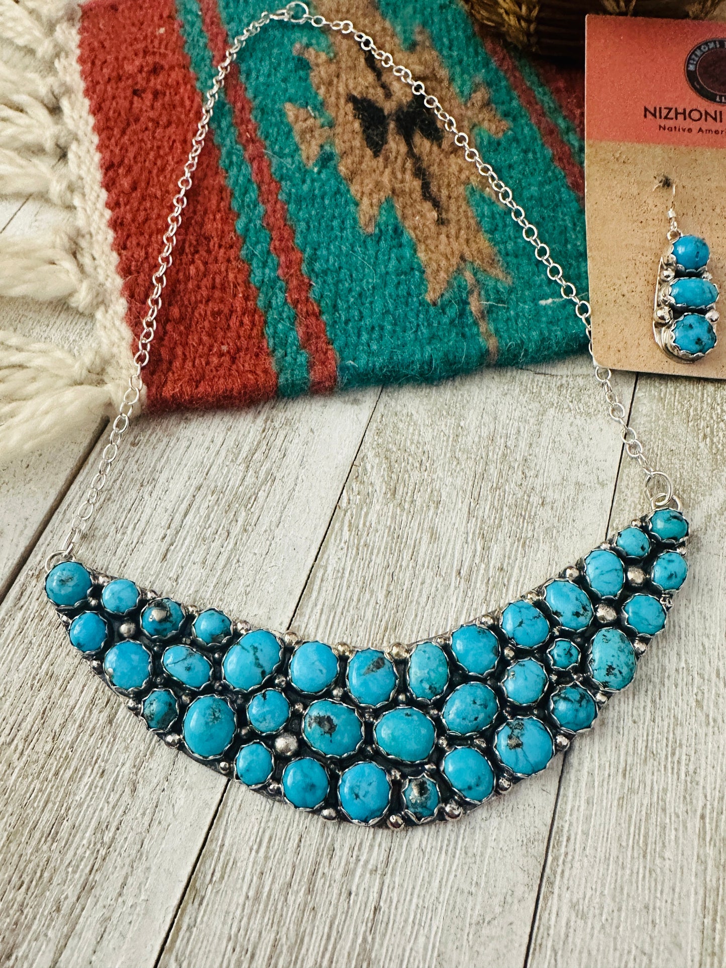 Navajo Sterling Silver & Turquoise Cluster Necklace and Earring Set
