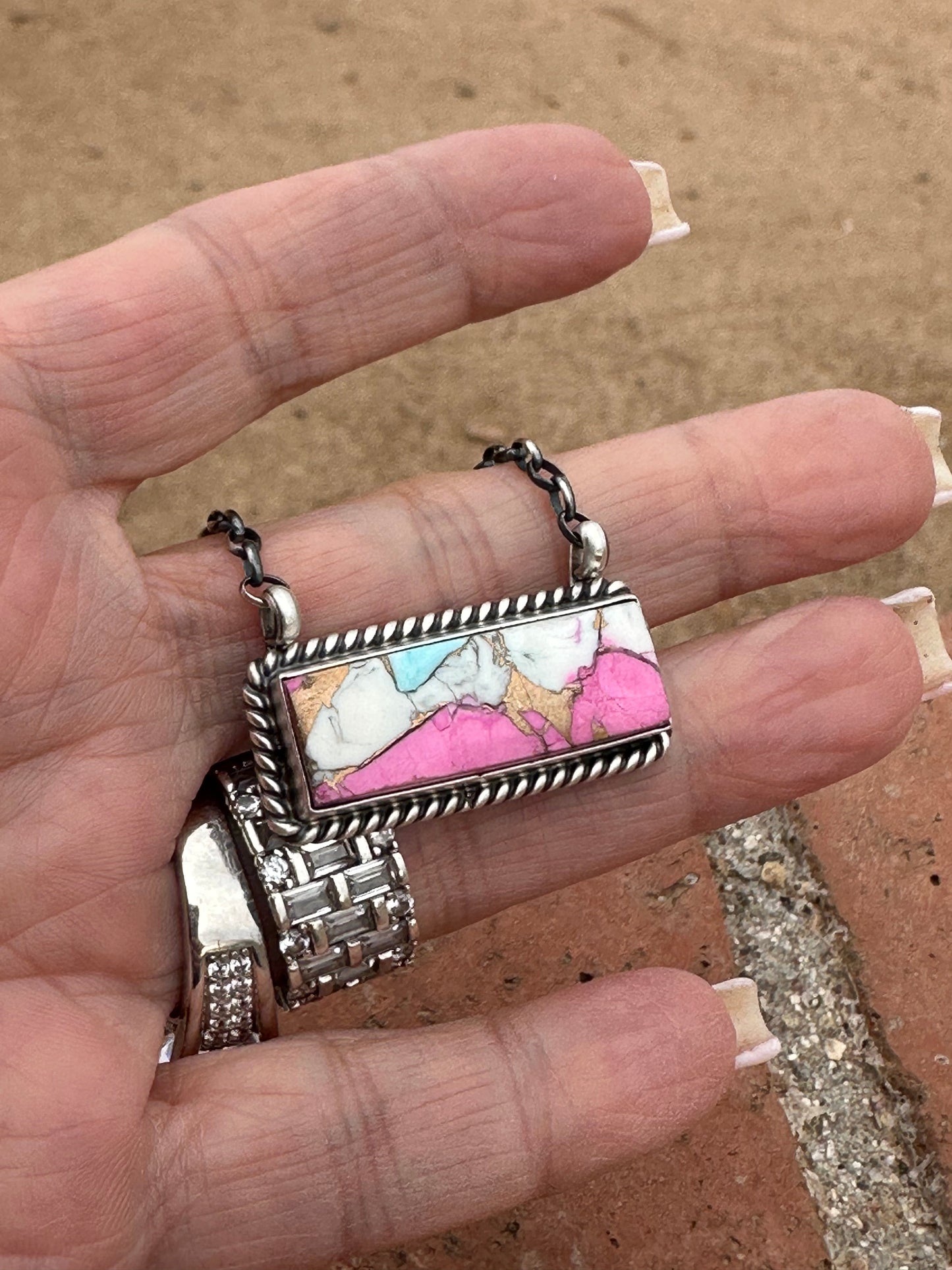 Navajo Cotton Candy Sterling Silver Handmade Bar Necklace