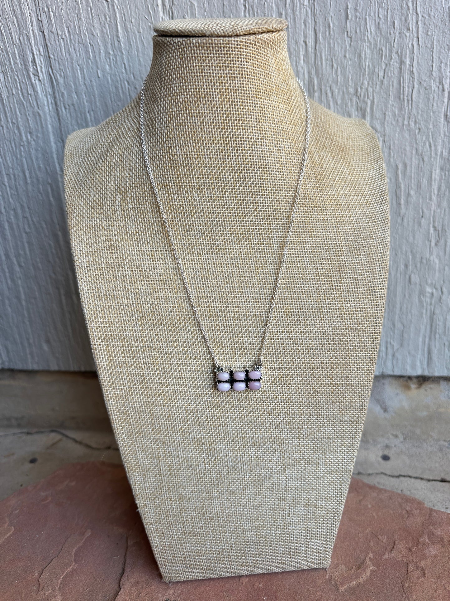 Handmade Sterling Silver & Pink Conch 6 Stone Bar Necklace