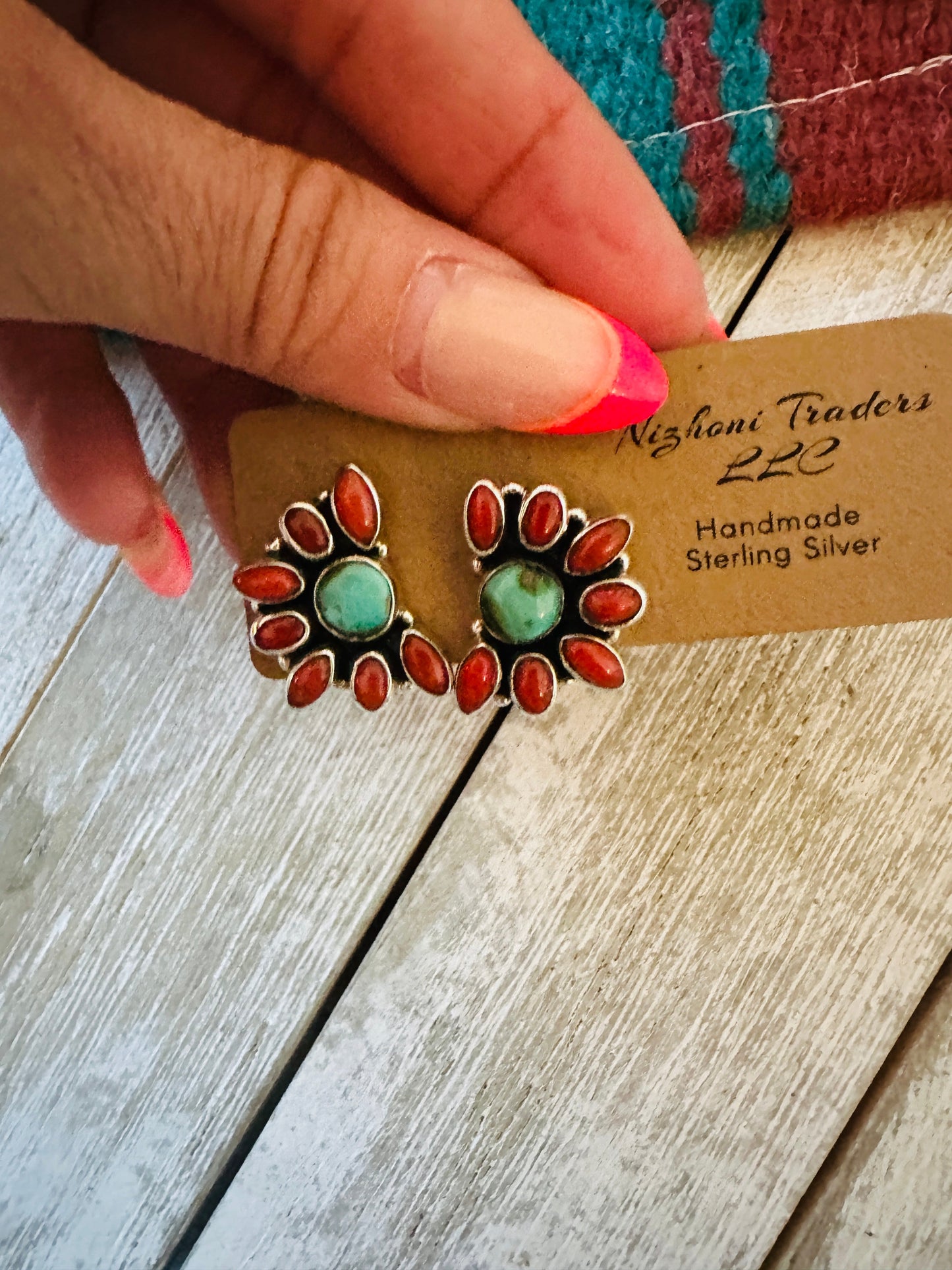** Christmas Collection ** Handmade Sterling Silver, Coral & Turquoise Cluster Earrings Signed Nizhoni