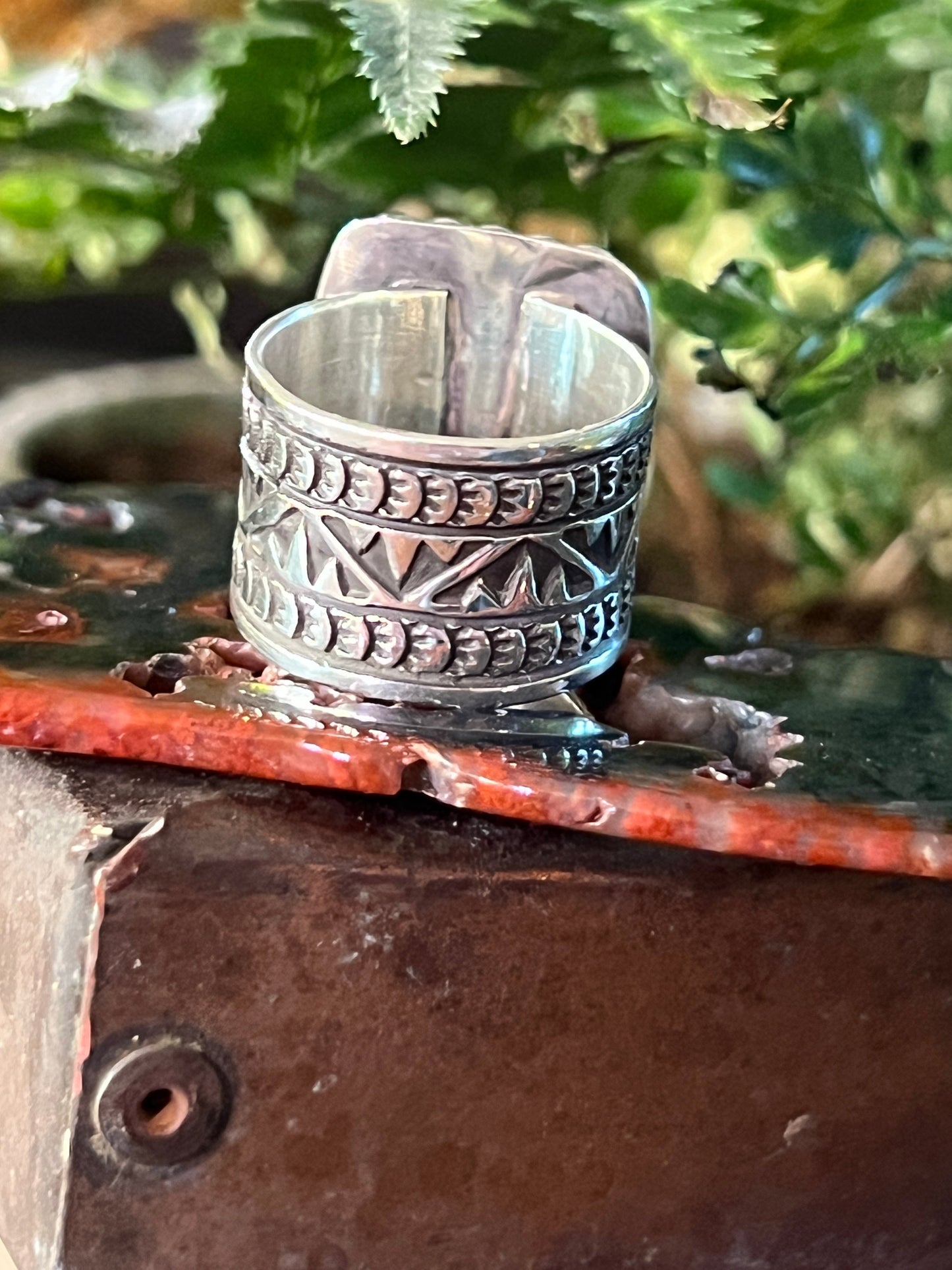 Native Made Hand Stamped Sterling Silver Wide Shank Ring with Egyptian Turquoise by Shaun Rogers, Size 9