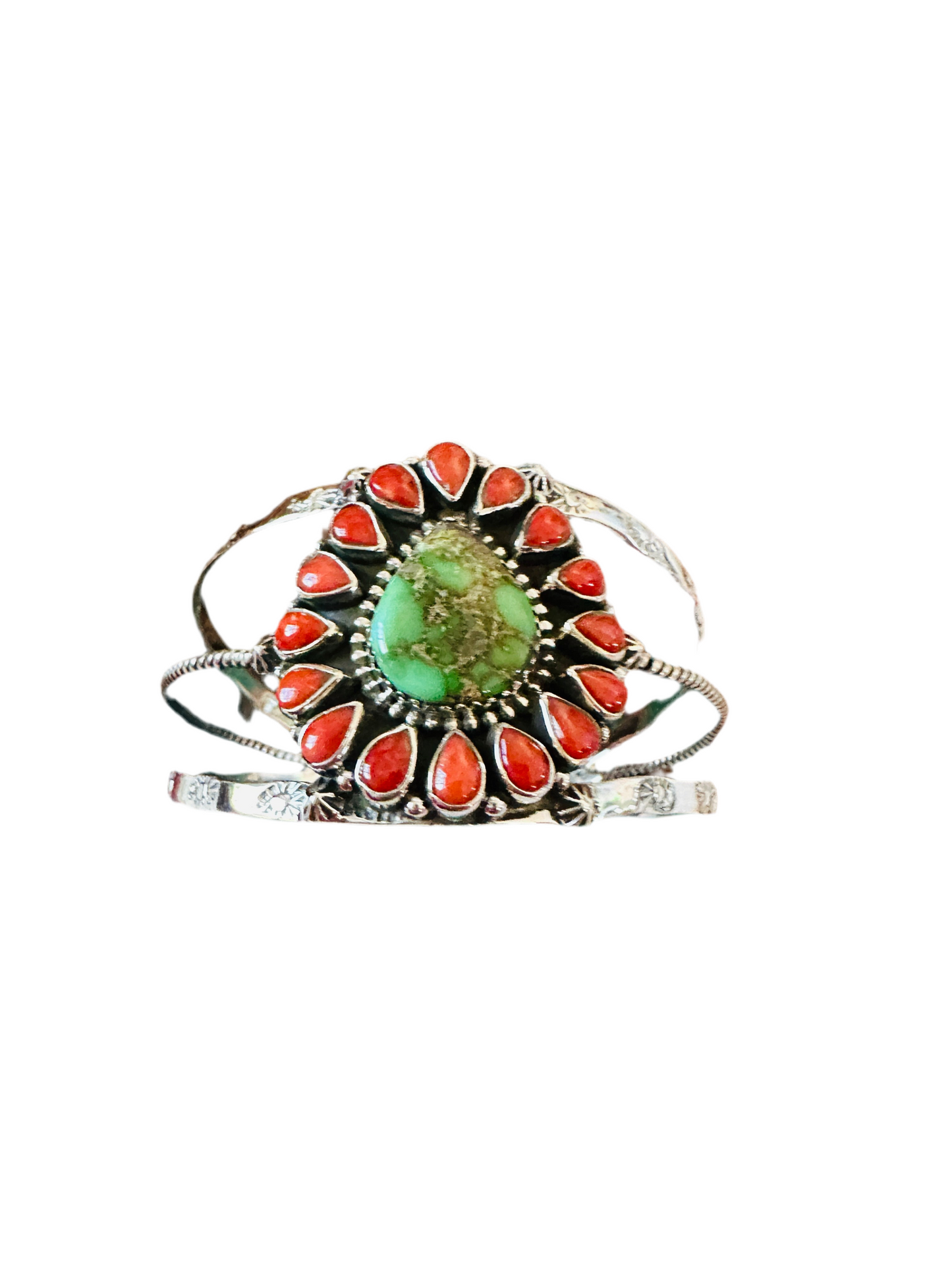 ** Christmas Collection ** Handmade Sterling Silver, Turquoise & Coral Cuff Bracelet Signed Nizhoni