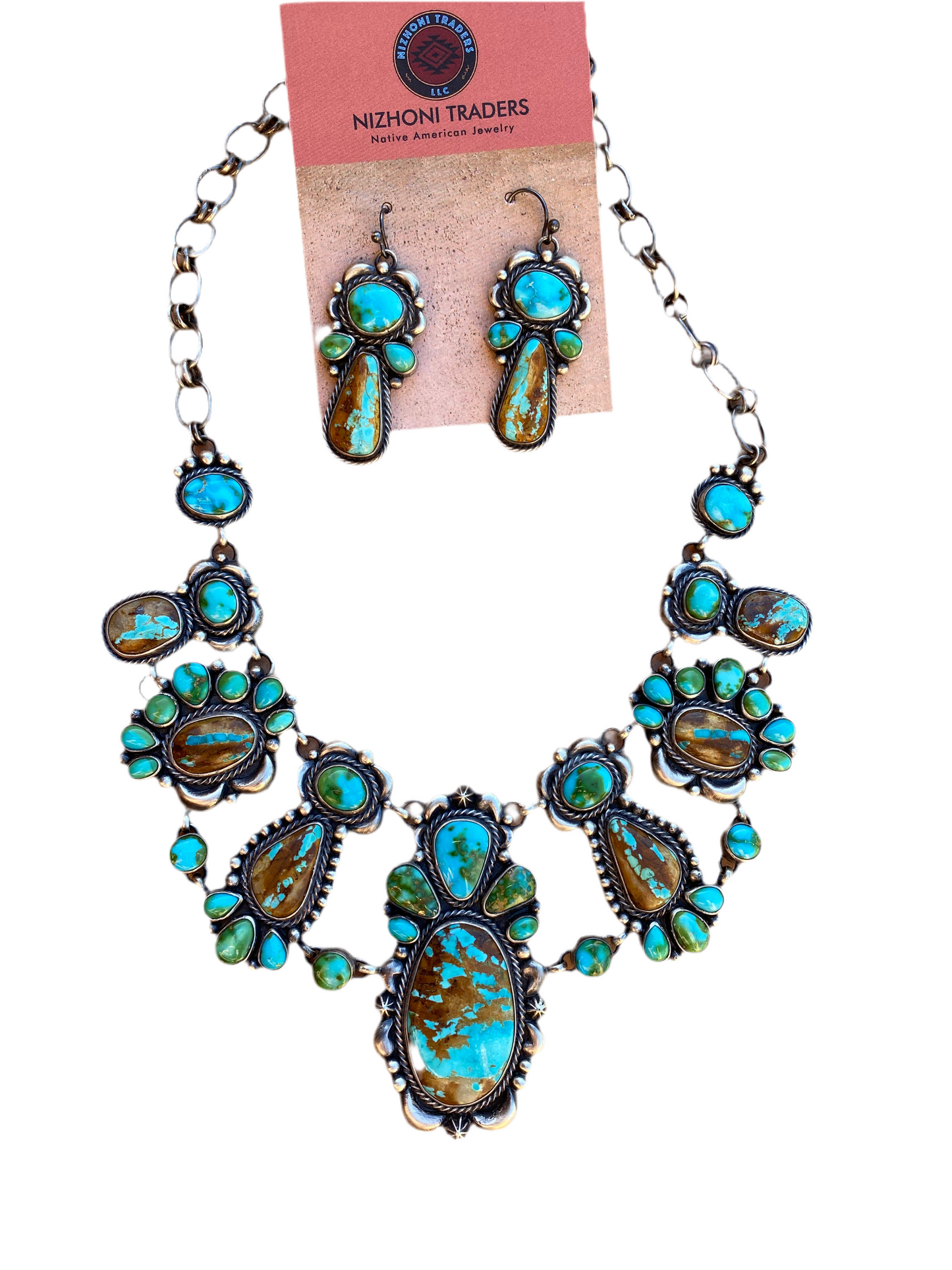 Navajo Sterling Silver, Ribbon and Sonoran Turquoise Necklace and Earring Set by Diane Wylie