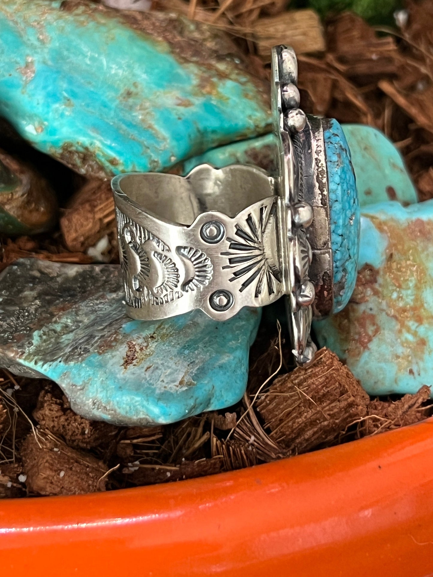 Navajo Sterling Silver and Natural Kingman Web Ring by Boyd Ashley, Size 8