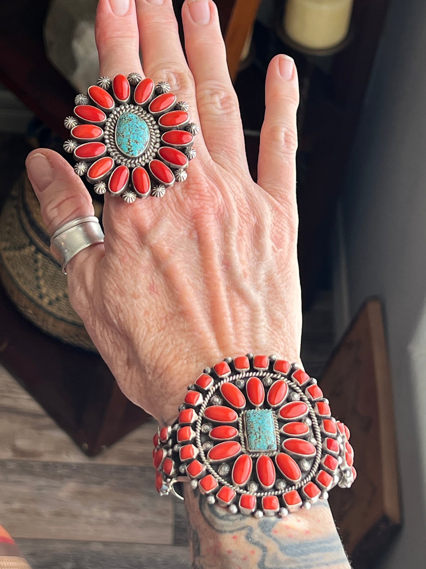 Navajo Sterling Silver, Mediterranean Coral and Spiderweb Kingman Cluster Ring, Adjustable