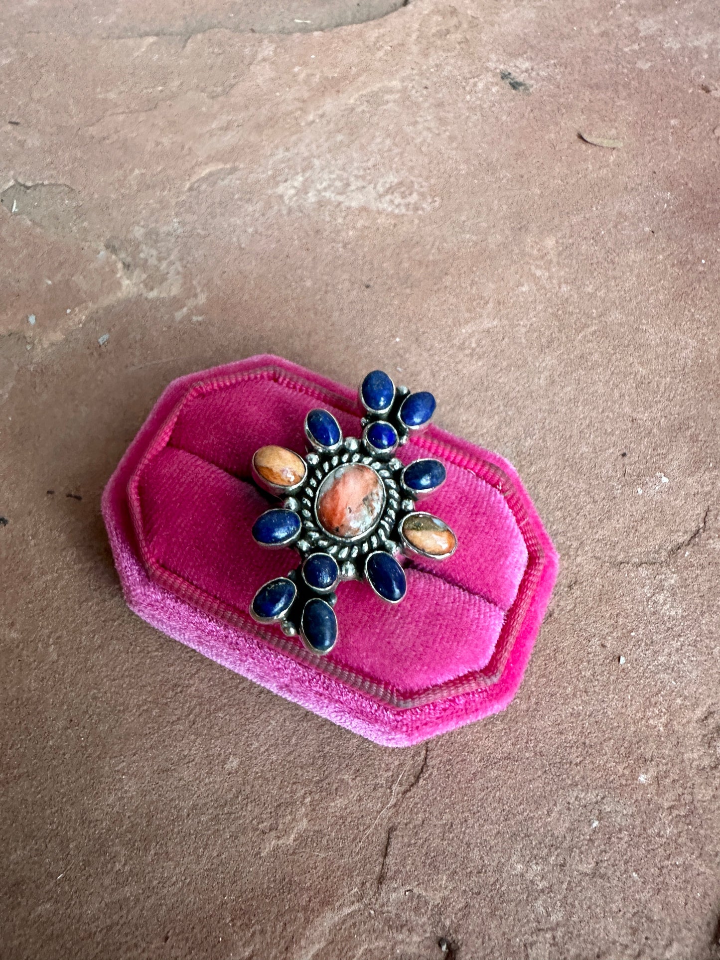 Beautiful Handmade Lapis, Spice And Sterling Silver Adjustable Ring