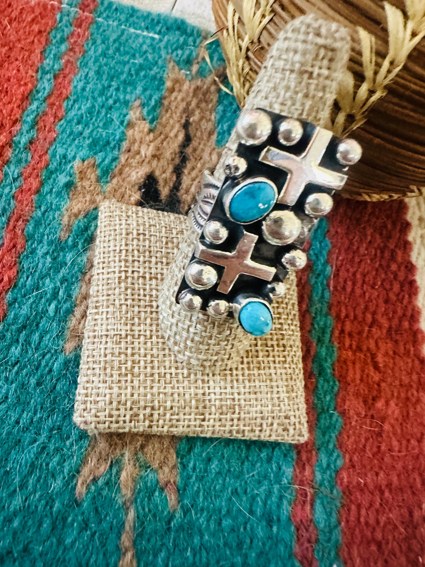 Navajo Turquoise & Sterling Silver Cross Ring Chimney Butte Size 8