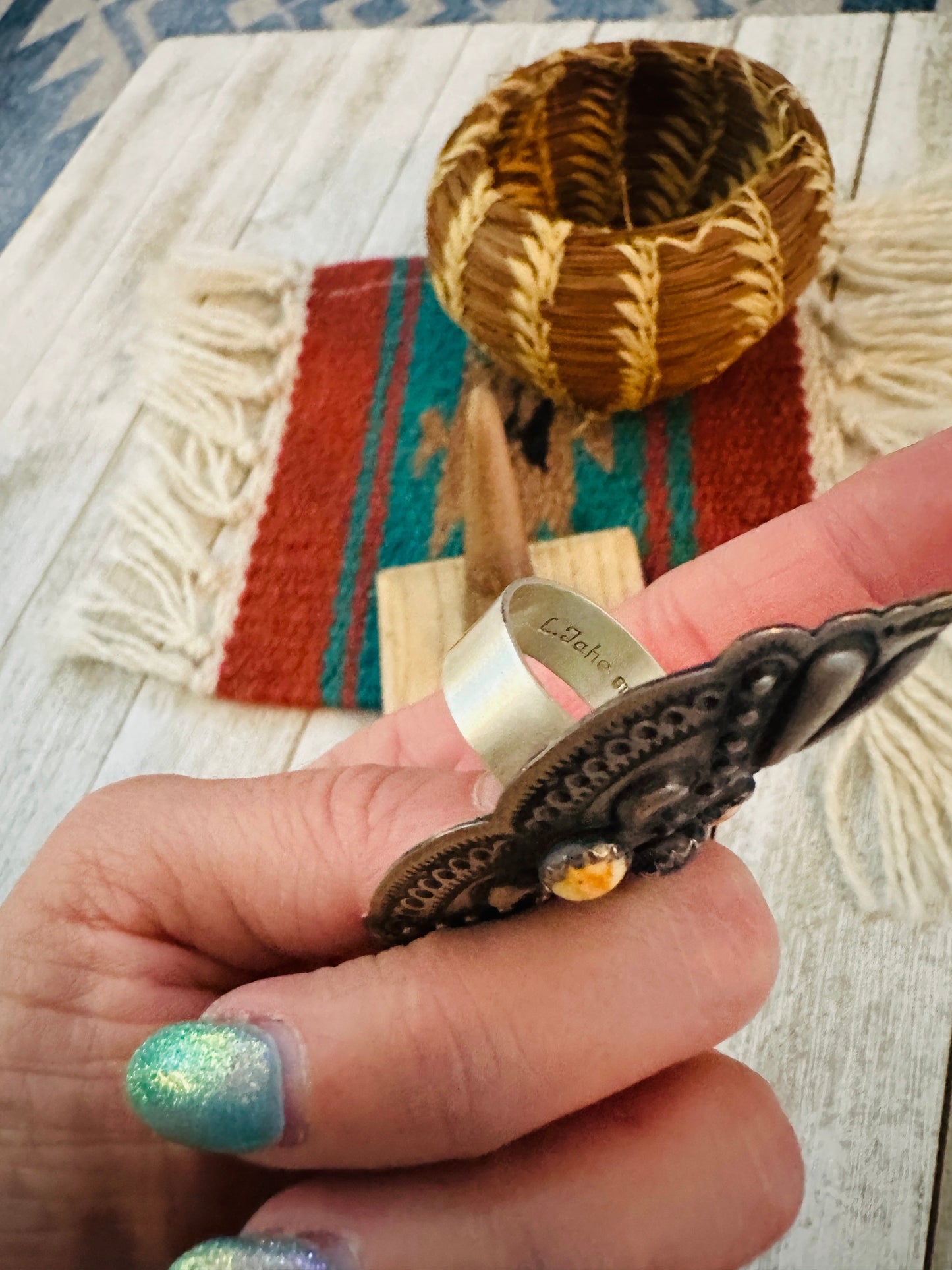 Navajo Spiny Oyster & Sterling Silver Adjustable Ring by Leander Tahe