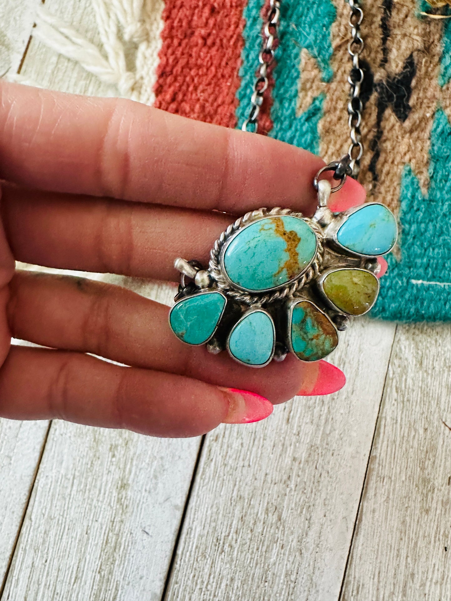 Navajo Sterling Silver & Turquoise Cluster Necklace by Elouise Kee
