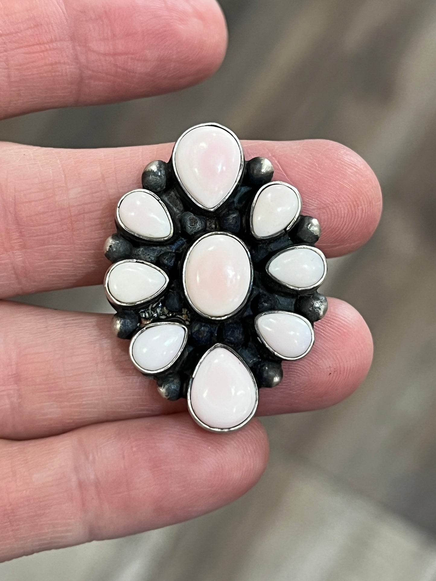 Navajo Sterling Silver and Queen Pink Conch Shell Cluster Ring by Travis Jim