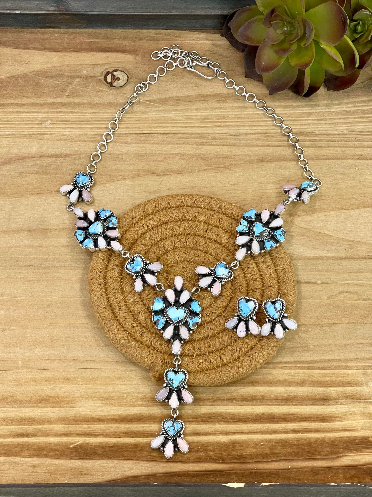 Beautiful Handmade Sterling Silver Golden Hills Turquoise Pink Opal Necklace Set