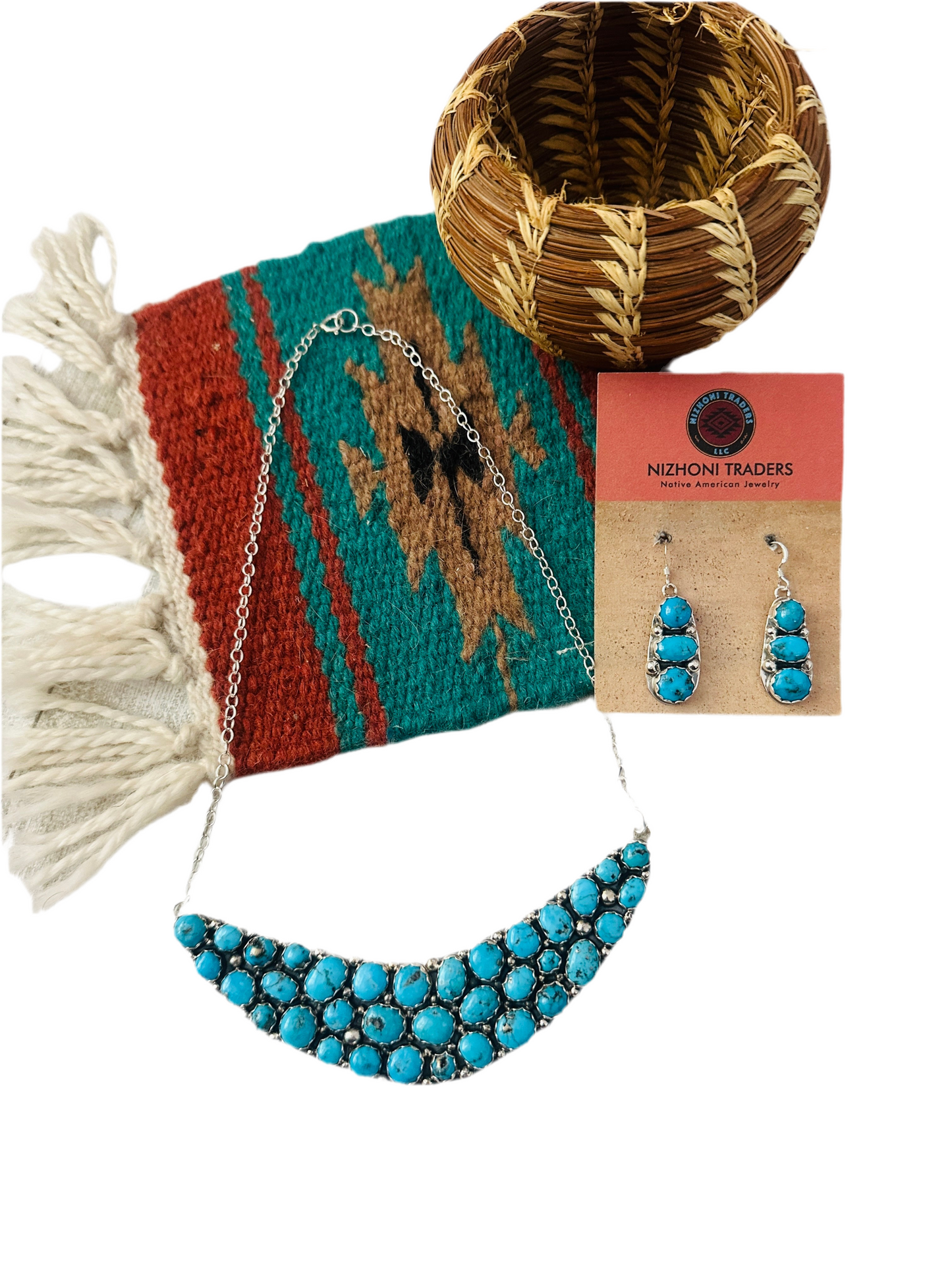 Navajo Sterling Silver & Turquoise Cluster Necklace and Earring Set