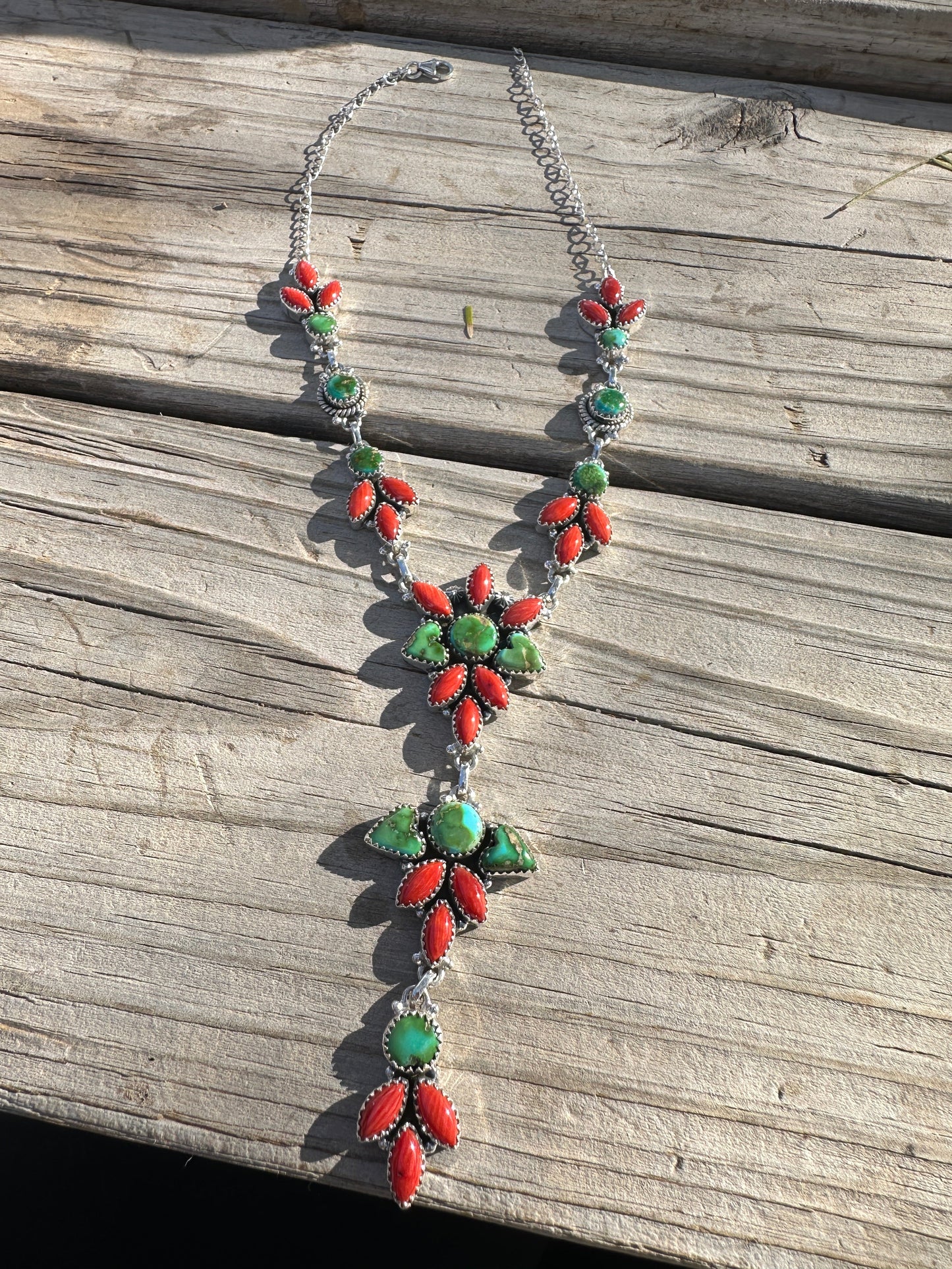 Beautiful Handmade Sterling Silver, Coral & Sonoran Turquoise Lariat Necklace