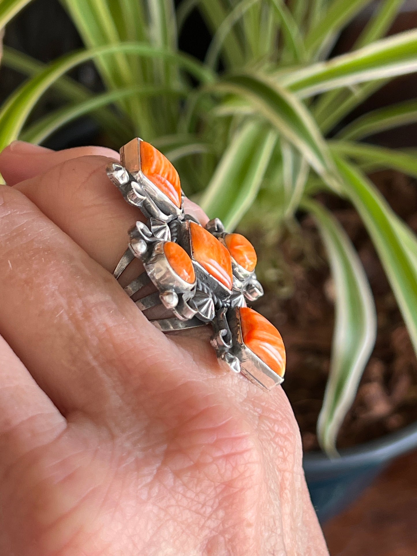 Apache Sterling Silver and Orange Spiny Oyster Shell Intuition Ring, Size 8