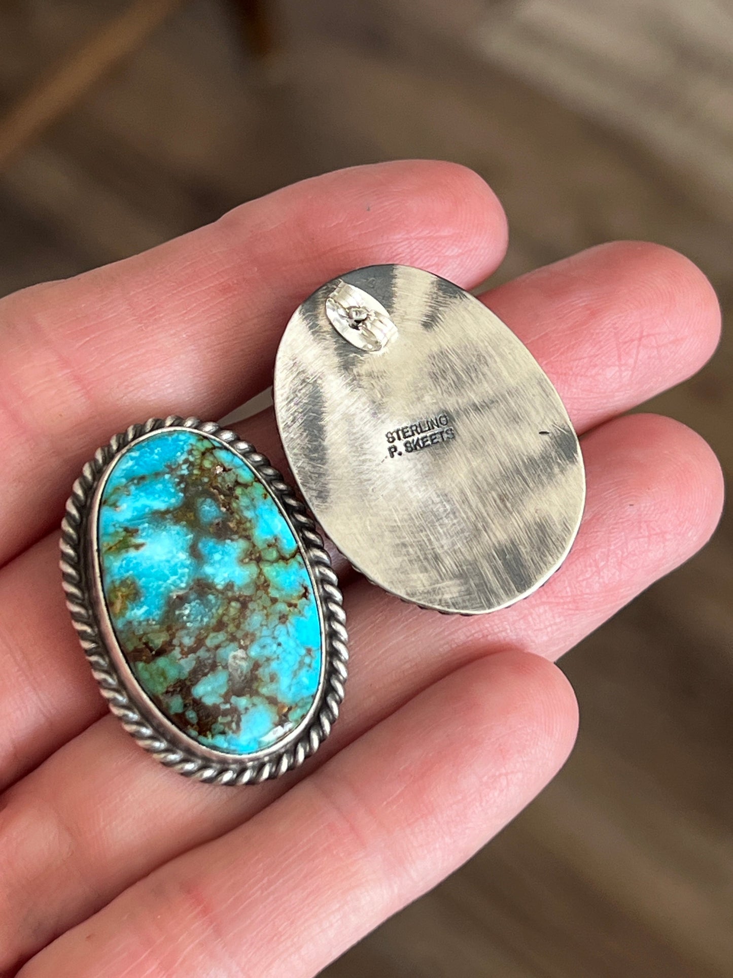Navajo Sterling Silver and Birdseye Kingman Turquoise Y-Style Lariat Necklace and Earrings Set by Peggy Skeets