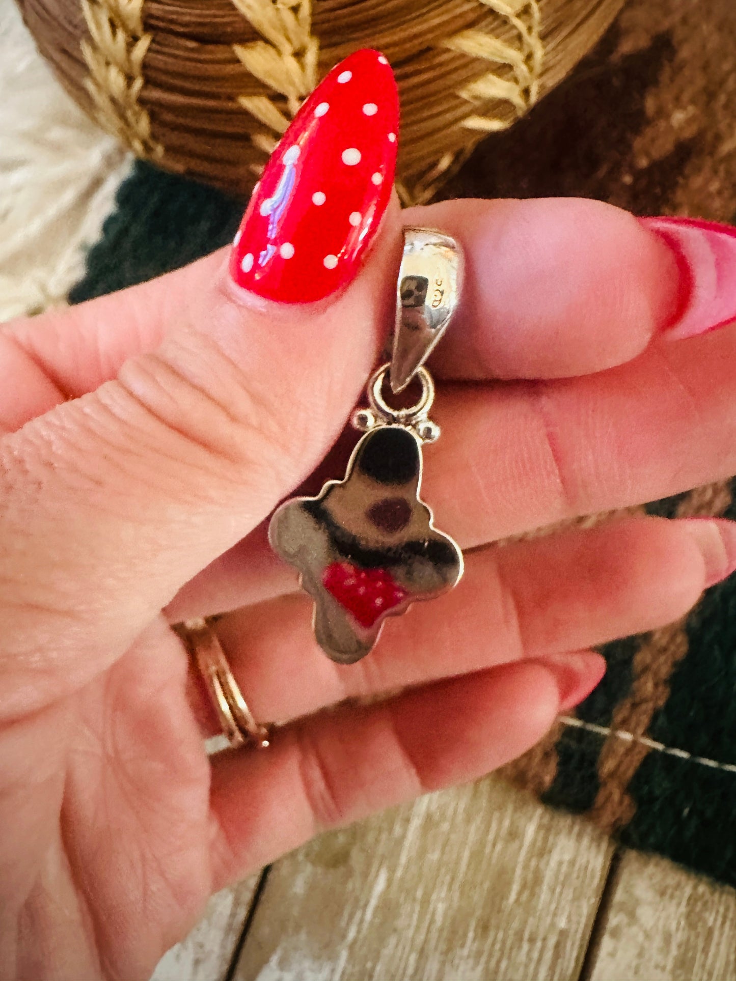 ** Christmas Collection ** Handmade Sterling Silver, Coral & Turquoise Pendant Signed Nizhoni