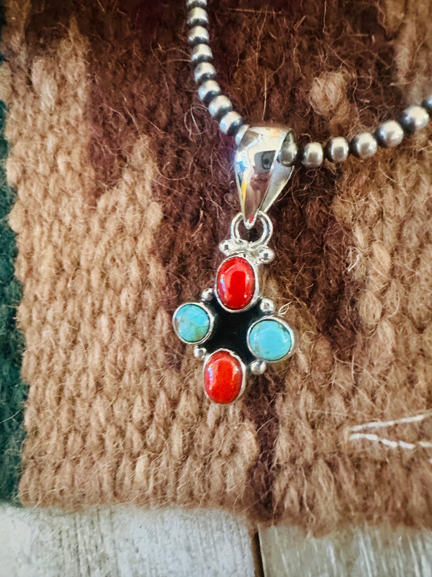 ** Christmas Collection ** Handmade Sterling Silver, Coral & Turquoise Pendant Signed Nizhoni