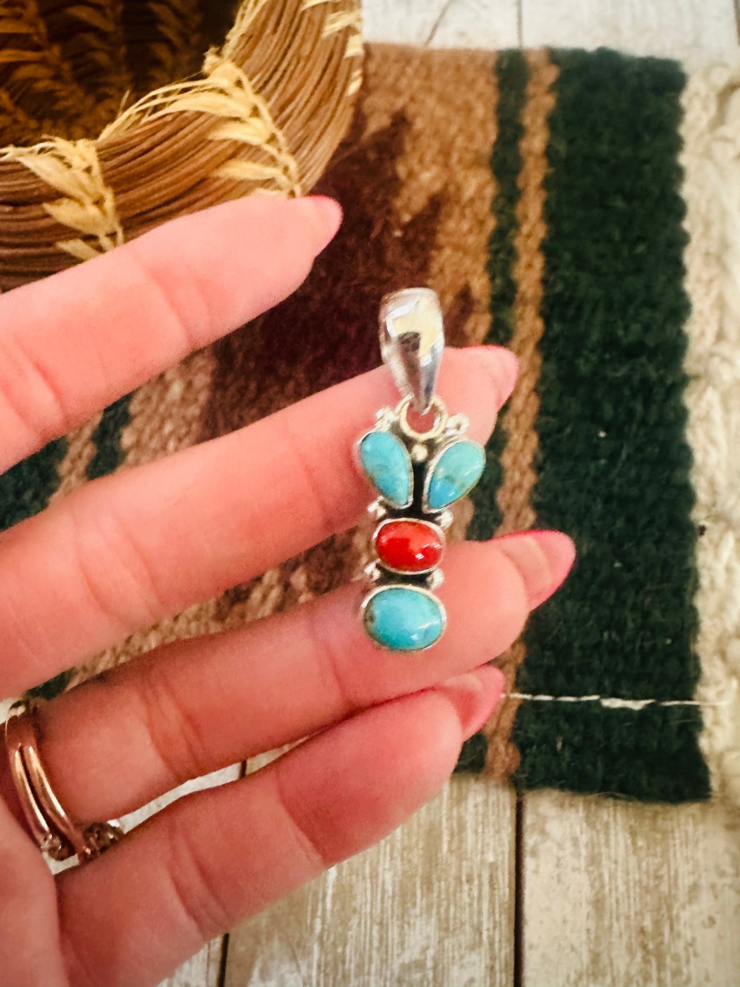 ** Christmas Collection ** Handmade Sterling Silver, Coral & Turquoise Pendant Signed Nizhoni