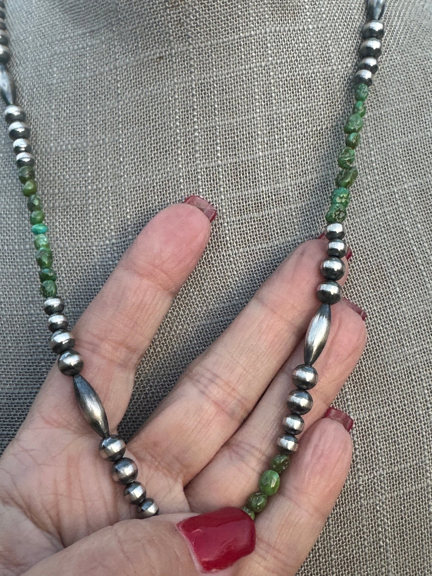 Navajo Sterling Silver Navajo Style Pearls with Royston Turquoise 20”