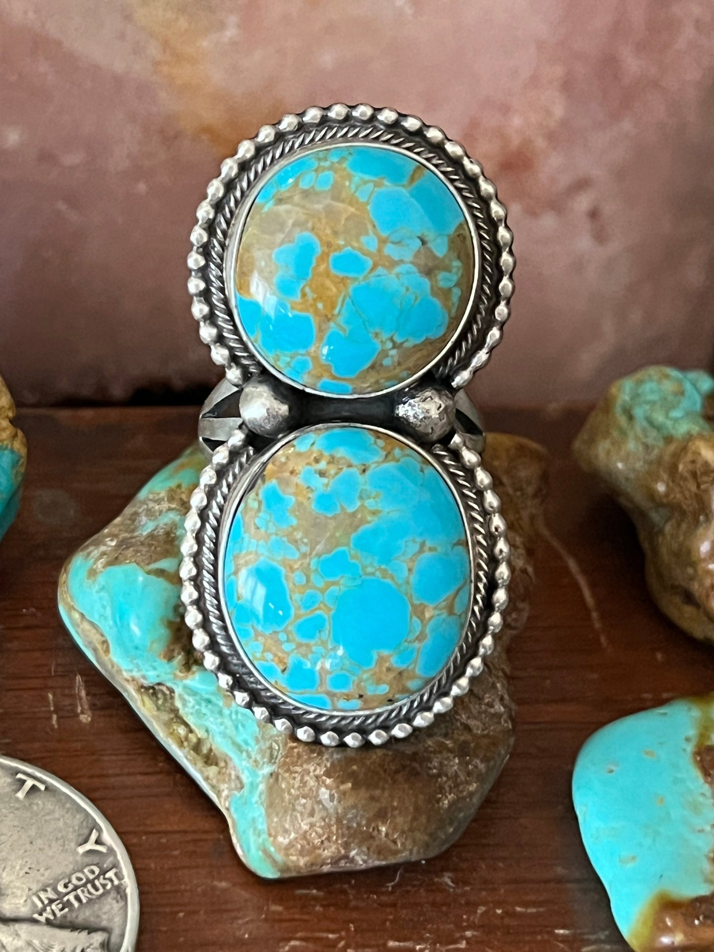 Navajo Sterling Silver and Number 8 Turquoise Ring by Darrin Livingston, Size 9