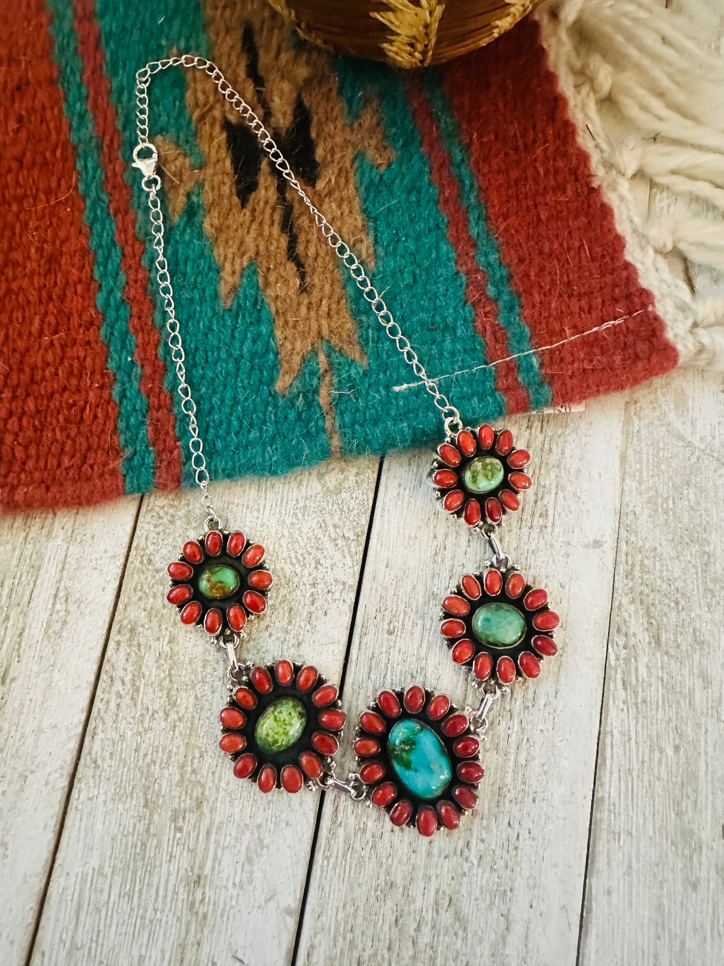 ** Christmas Collection ** Handmade Sterling Silver, Turquoise & Coral Necklace Signed Nizhoni