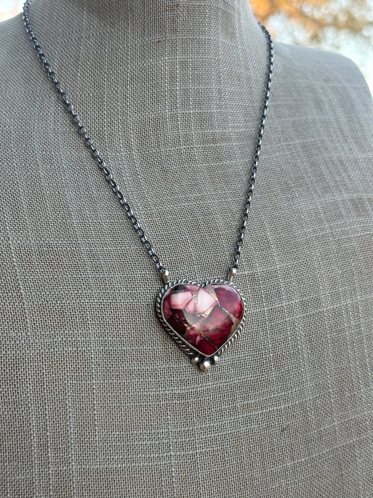 Navajo Rose Dahlia & Sterling Silver Heart Necklace