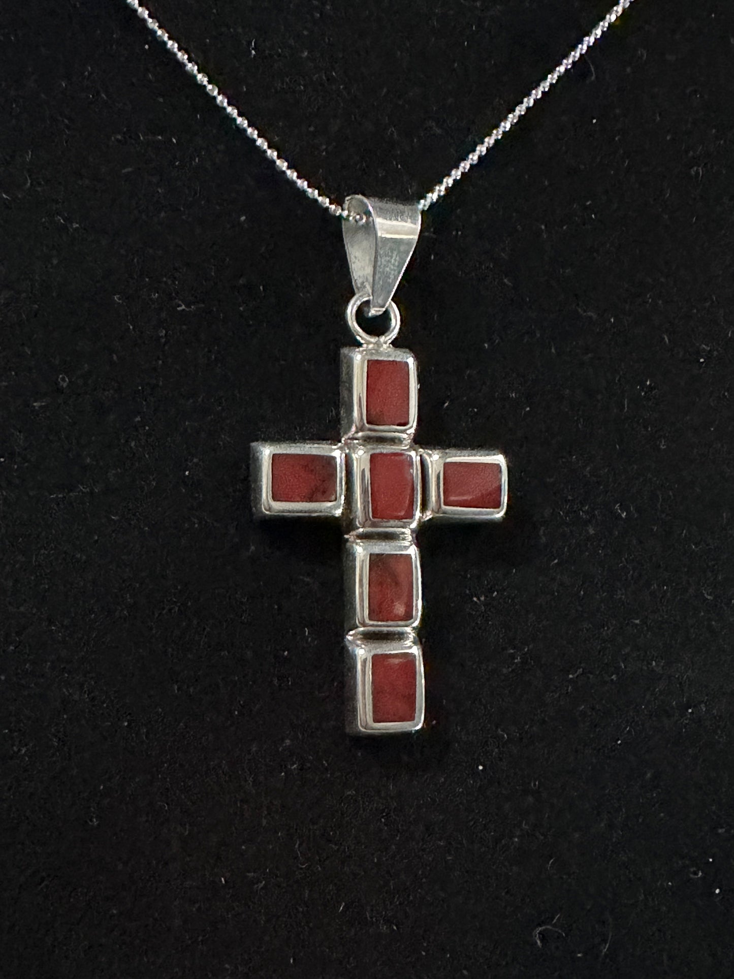 Red Jasper Mosaic Cross Pendant Necklace