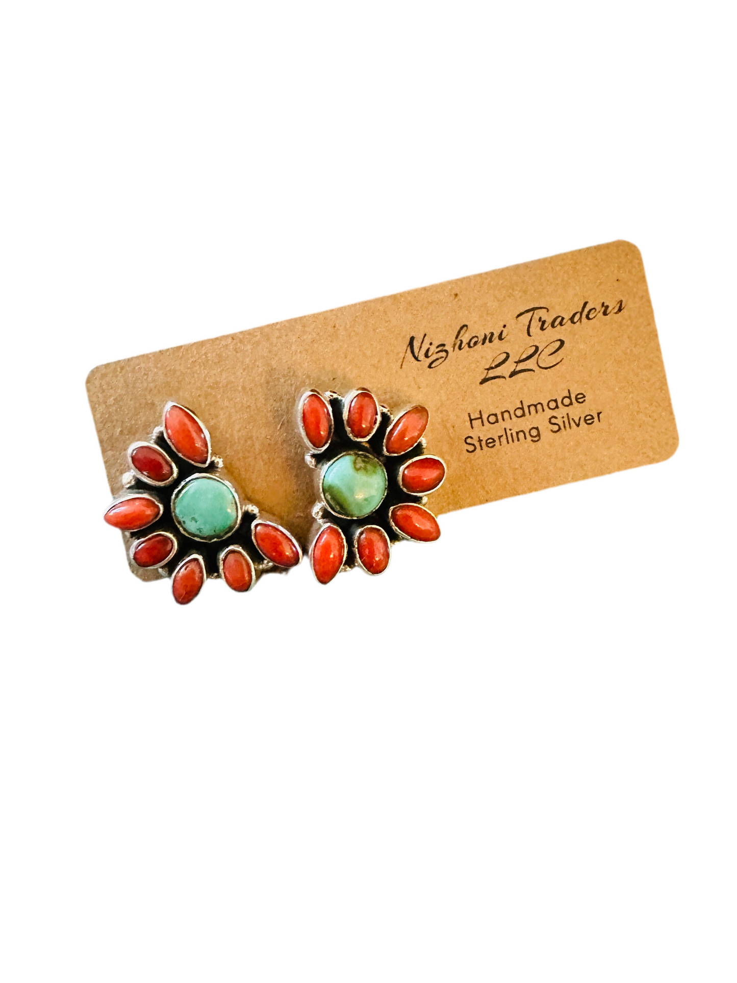 ** Christmas Collection ** Handmade Sterling Silver, Coral & Turquoise Cluster Earrings Signed Nizhoni