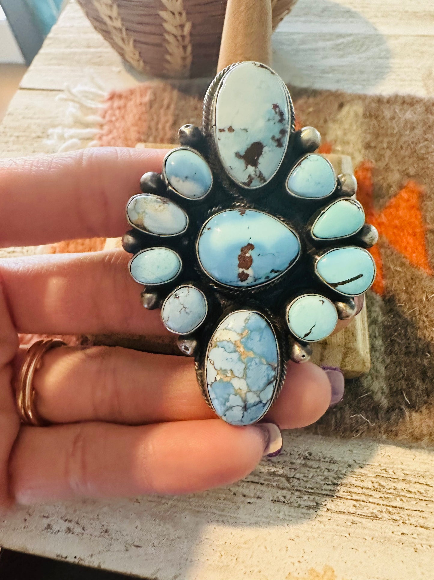 Navajo Golden Hills Turquoise & Sterling Silver Cluster Ring Size 7